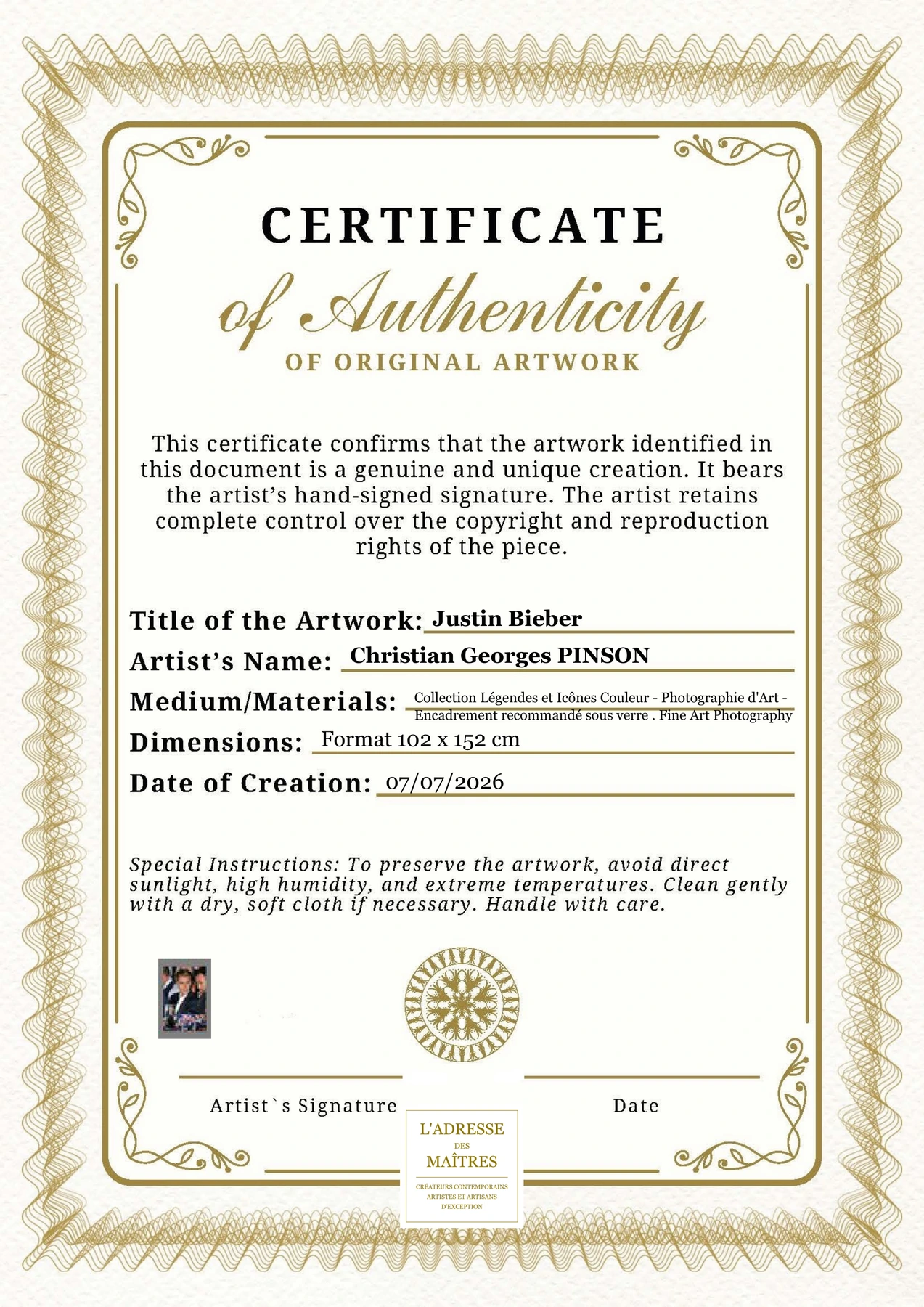 Certificat d'authenticité - Justin Bieber - Christian Georges PINSON