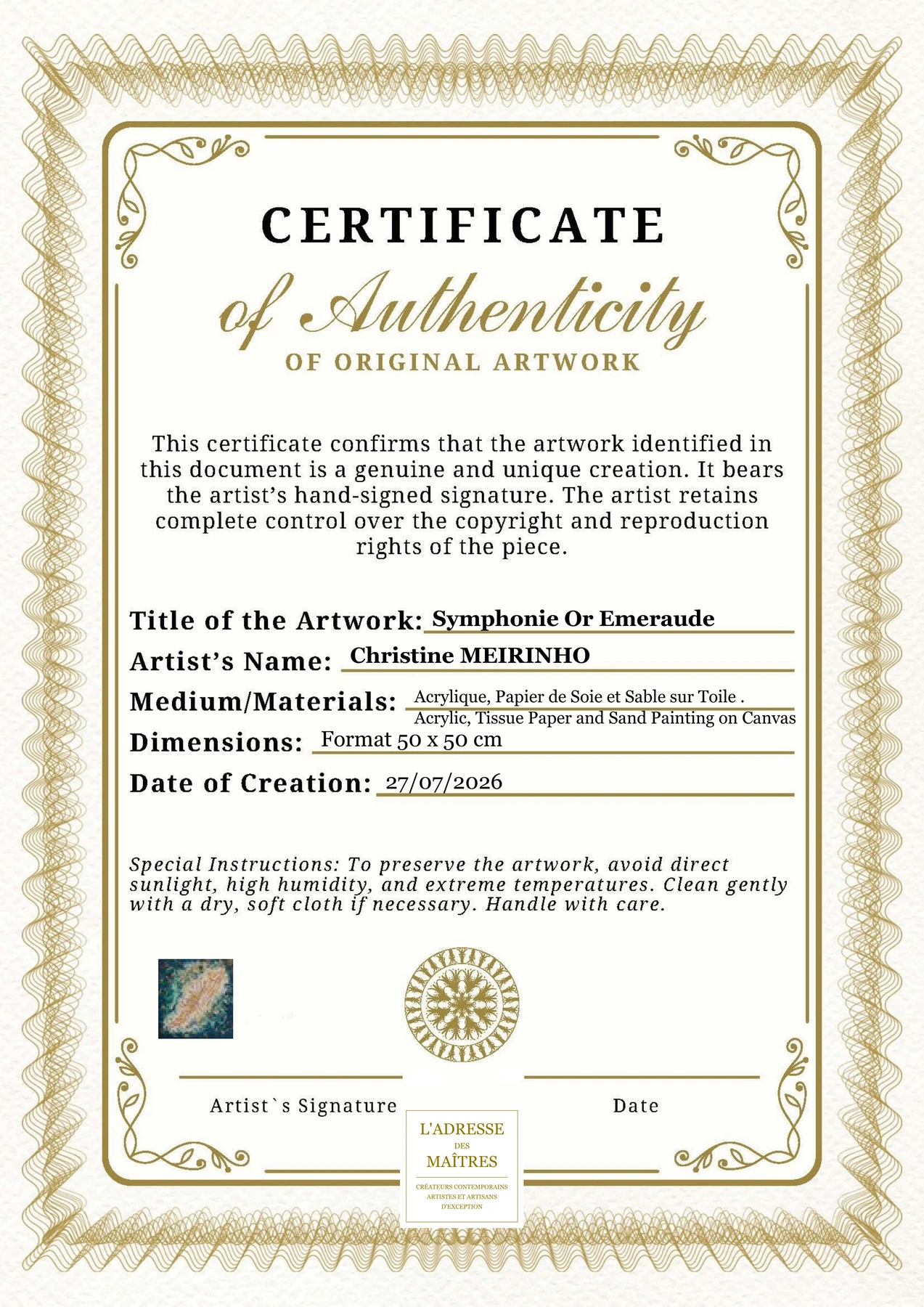 Certificat d'authenticité — Symphonie Or Emeraude — Christine MEIRINHO