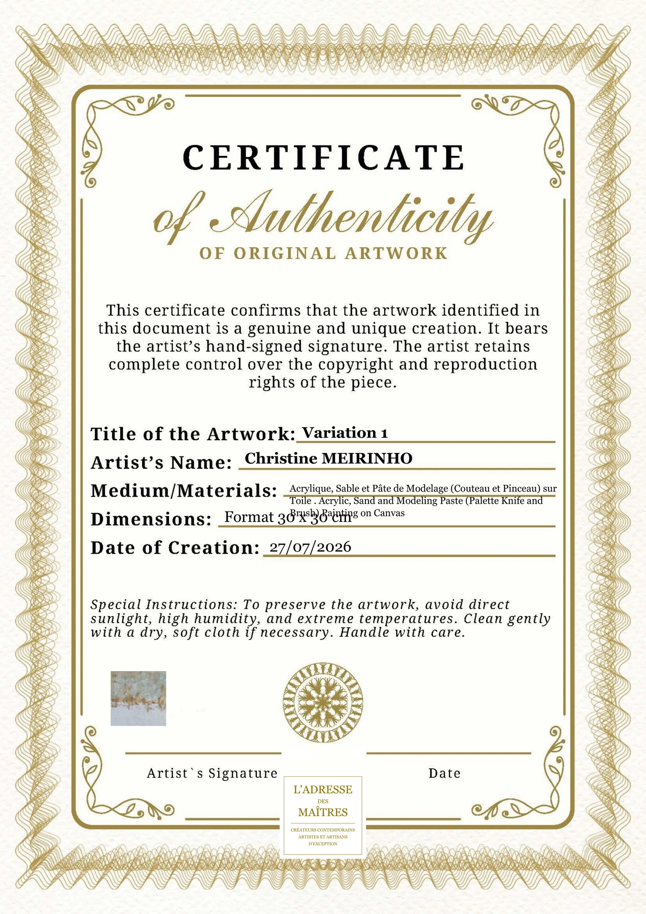 Certificat d'authenticité — Variation 1 — Christine MEIRINHO