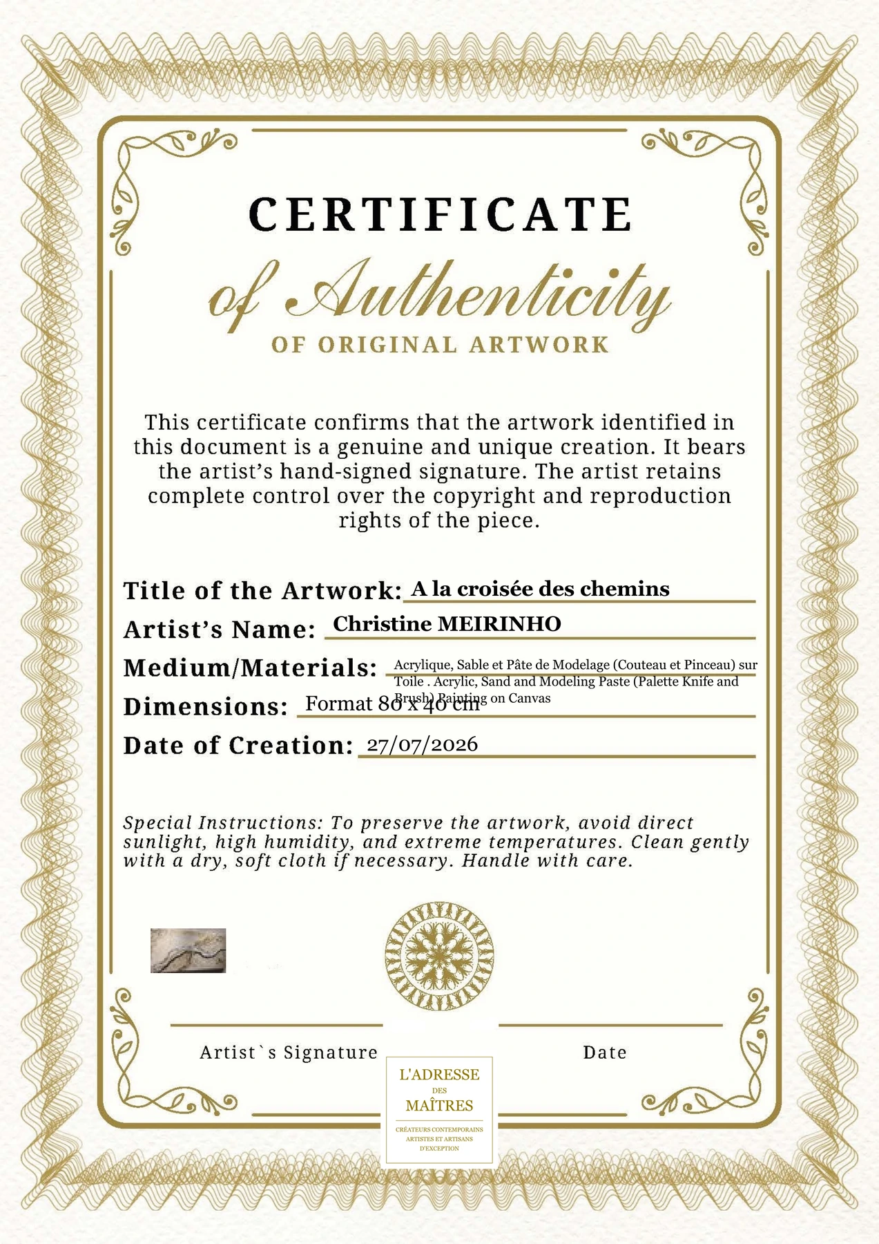Certificat d'authenticité — A la croisée des chemins — Christine MEIRINHO