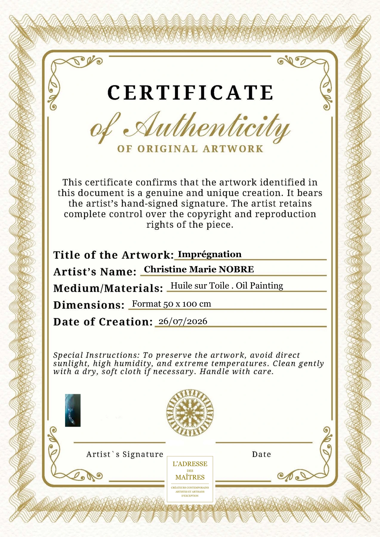 Certificat d'authenticité - Imprégnation - Christine Marie NOBRE
