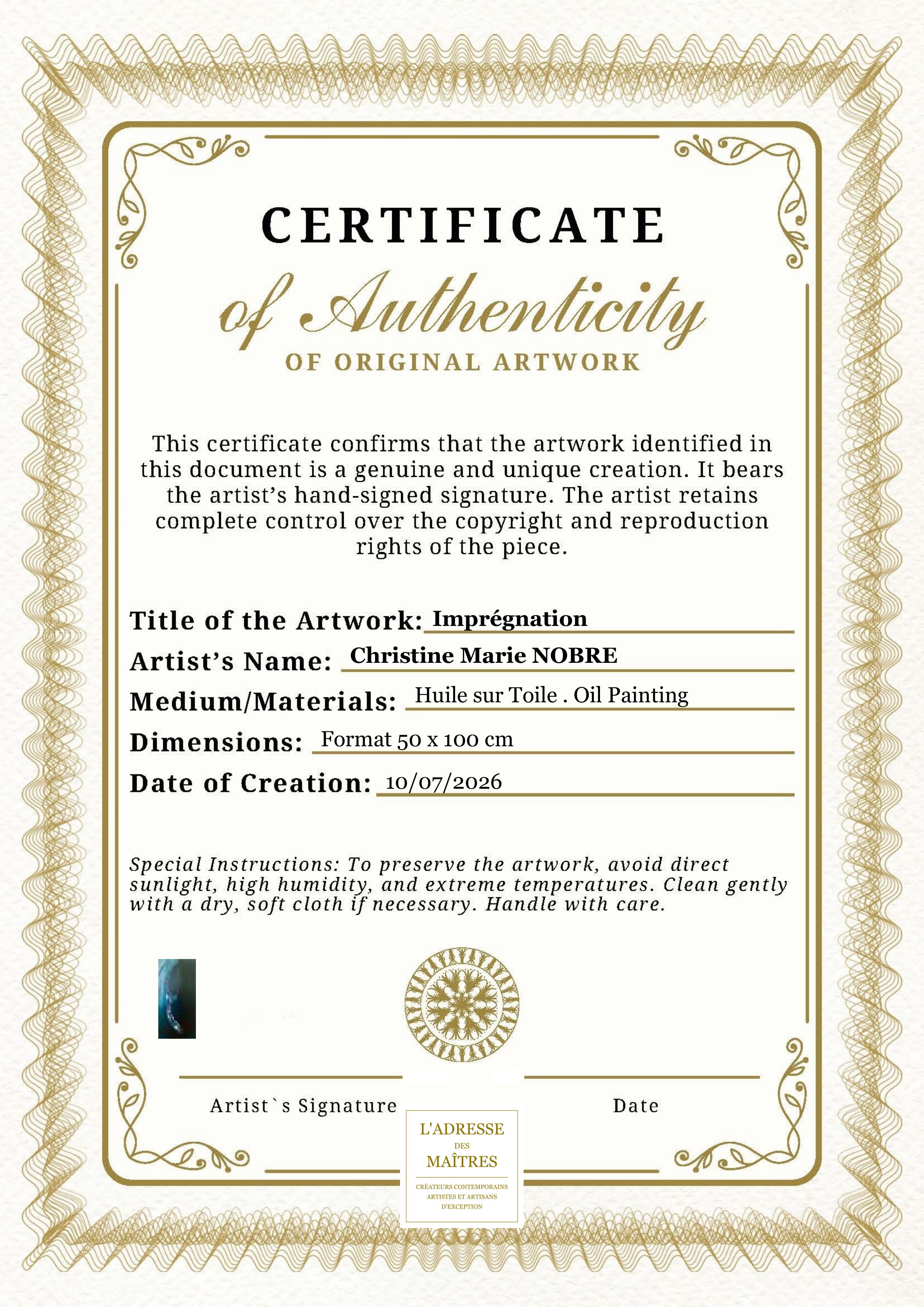 Certificat d'authenticité — Imprégnation — Christine Marie NOBRE