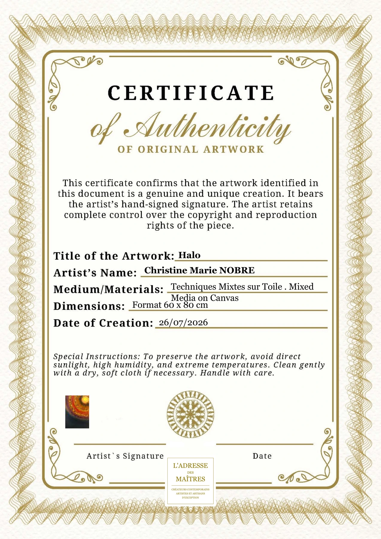 Certificat d'authenticité - Halo - Christine Marie NOBRE