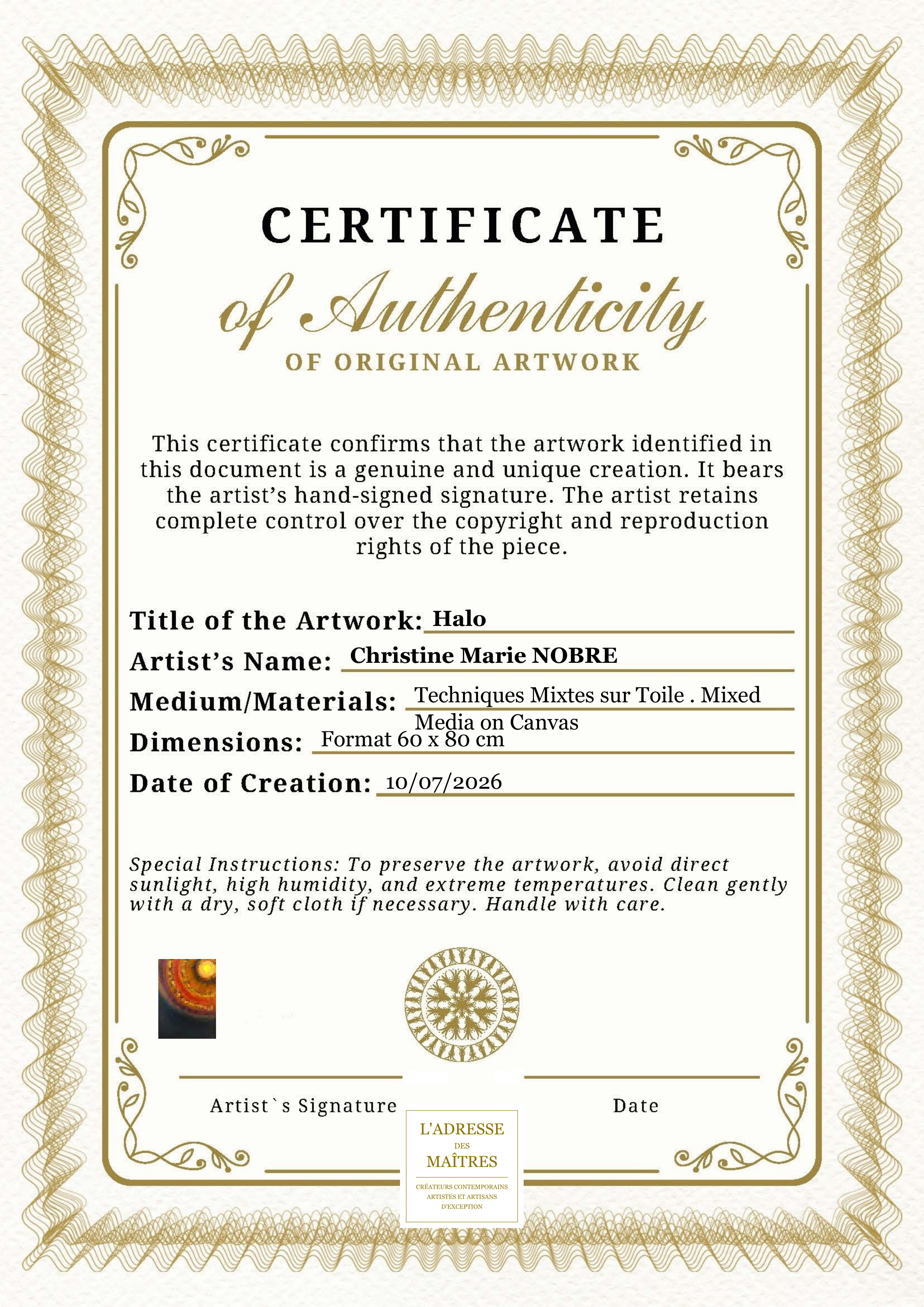 Certificat d'authenticité — Halo — Christine Marie NOBRE