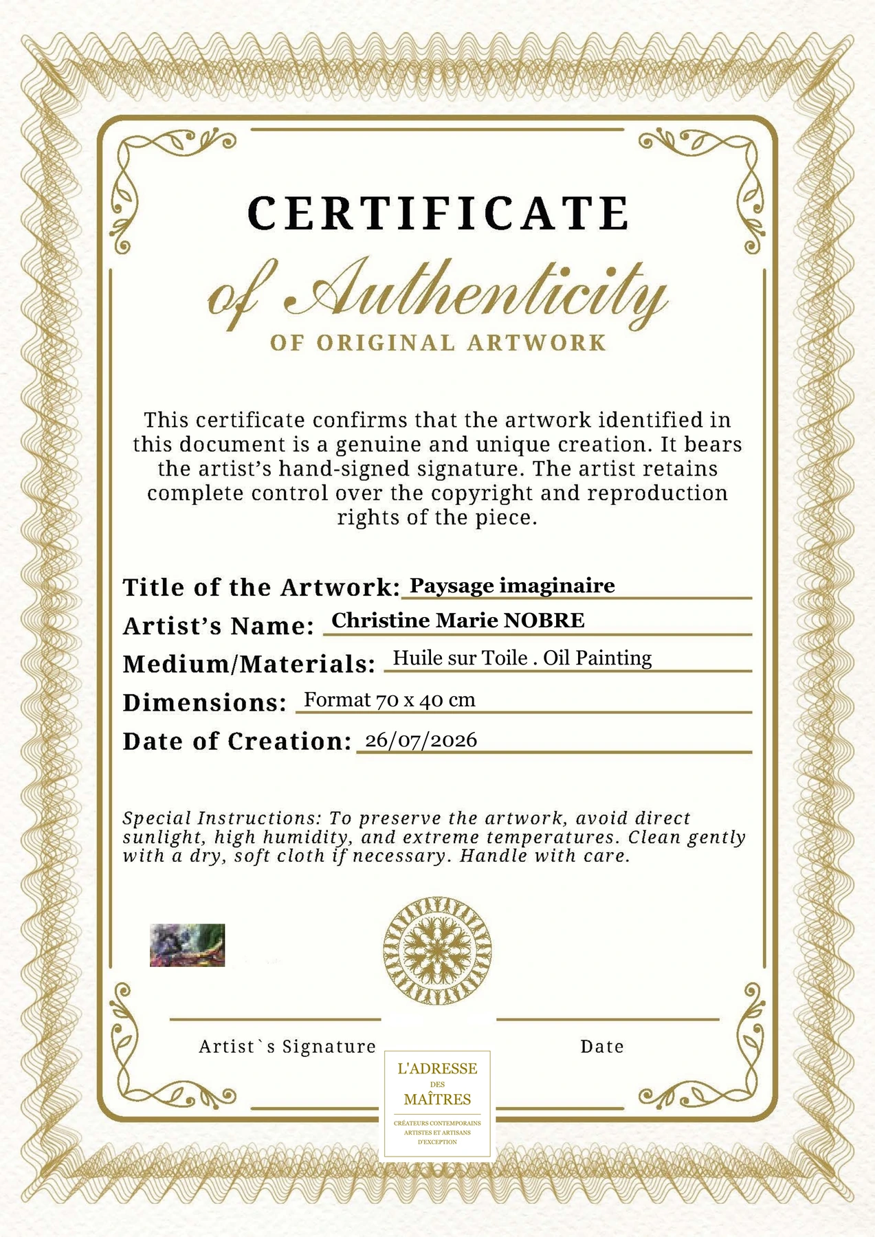 Certificat d'authenticité - Paysage imaginaire - Christine Marie NOBRE