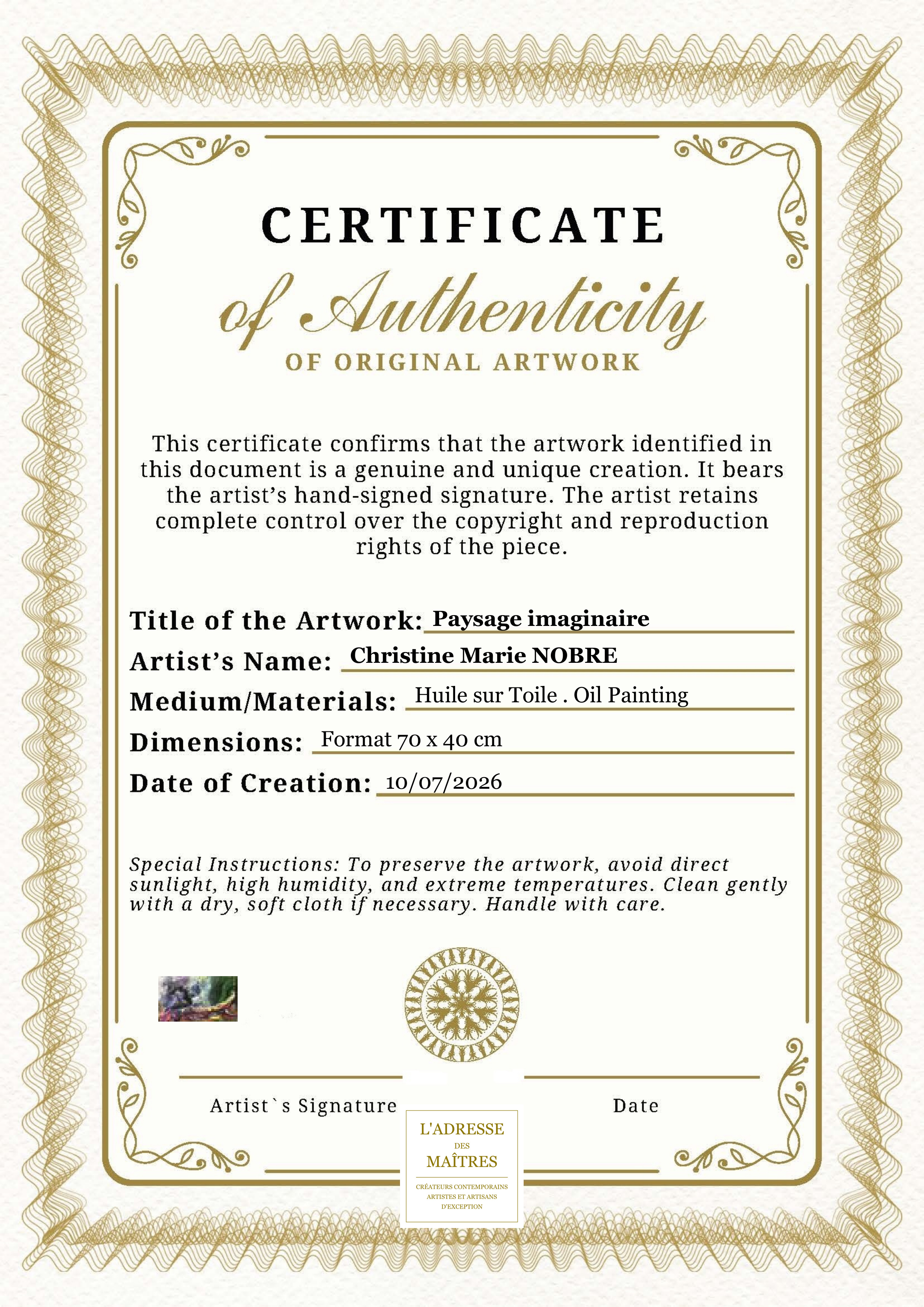 Certificat d'authenticité — Paysage imaginaire — Christine Marie NOBRE