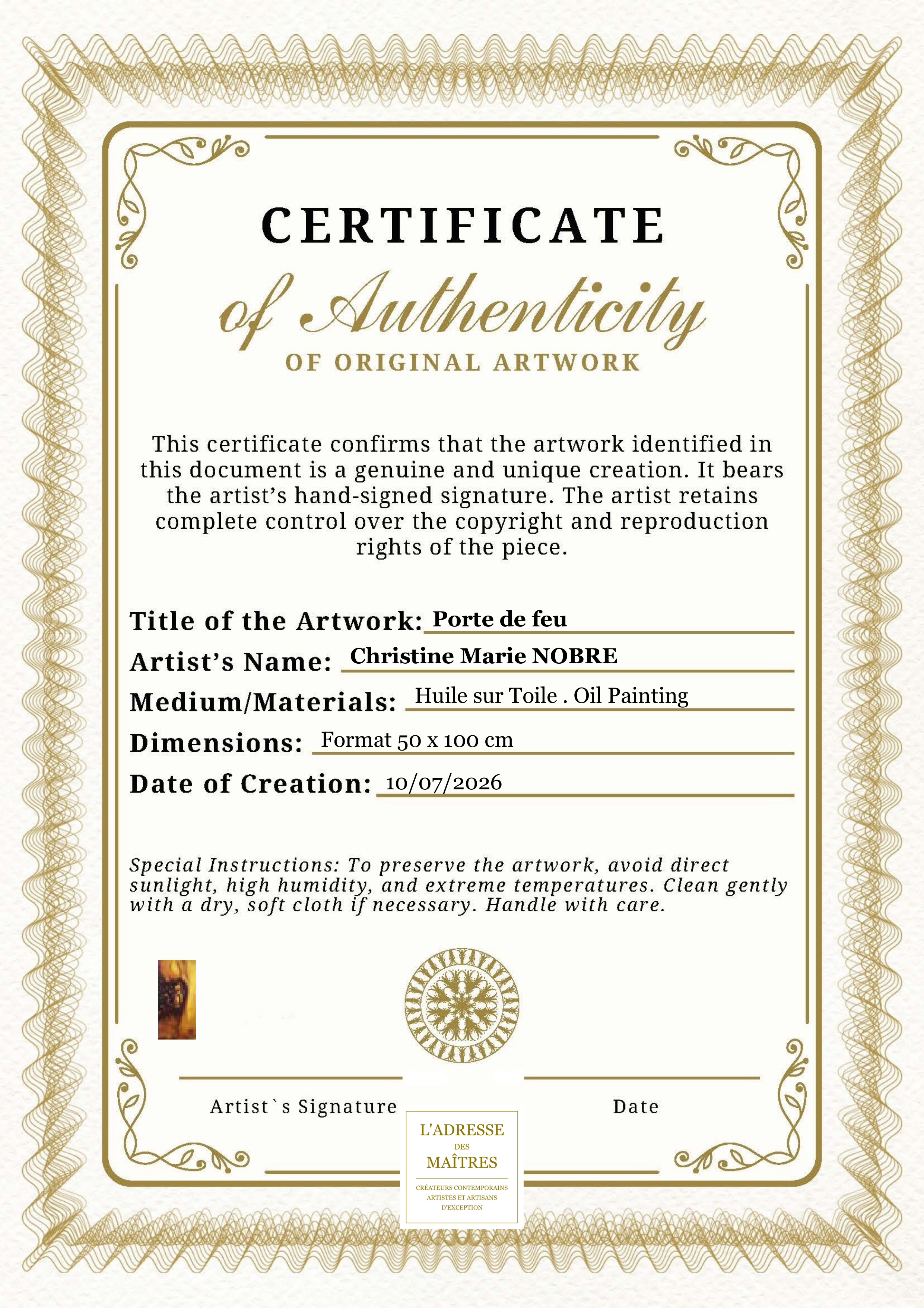 Certificat d'authenticité — Porte de feu — Christine Marie NOBRE