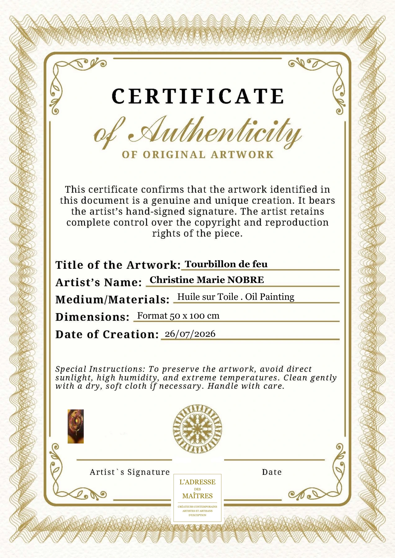 Certificat d'authenticité — Tourbillon de feu — Christine Marie NOBRE
