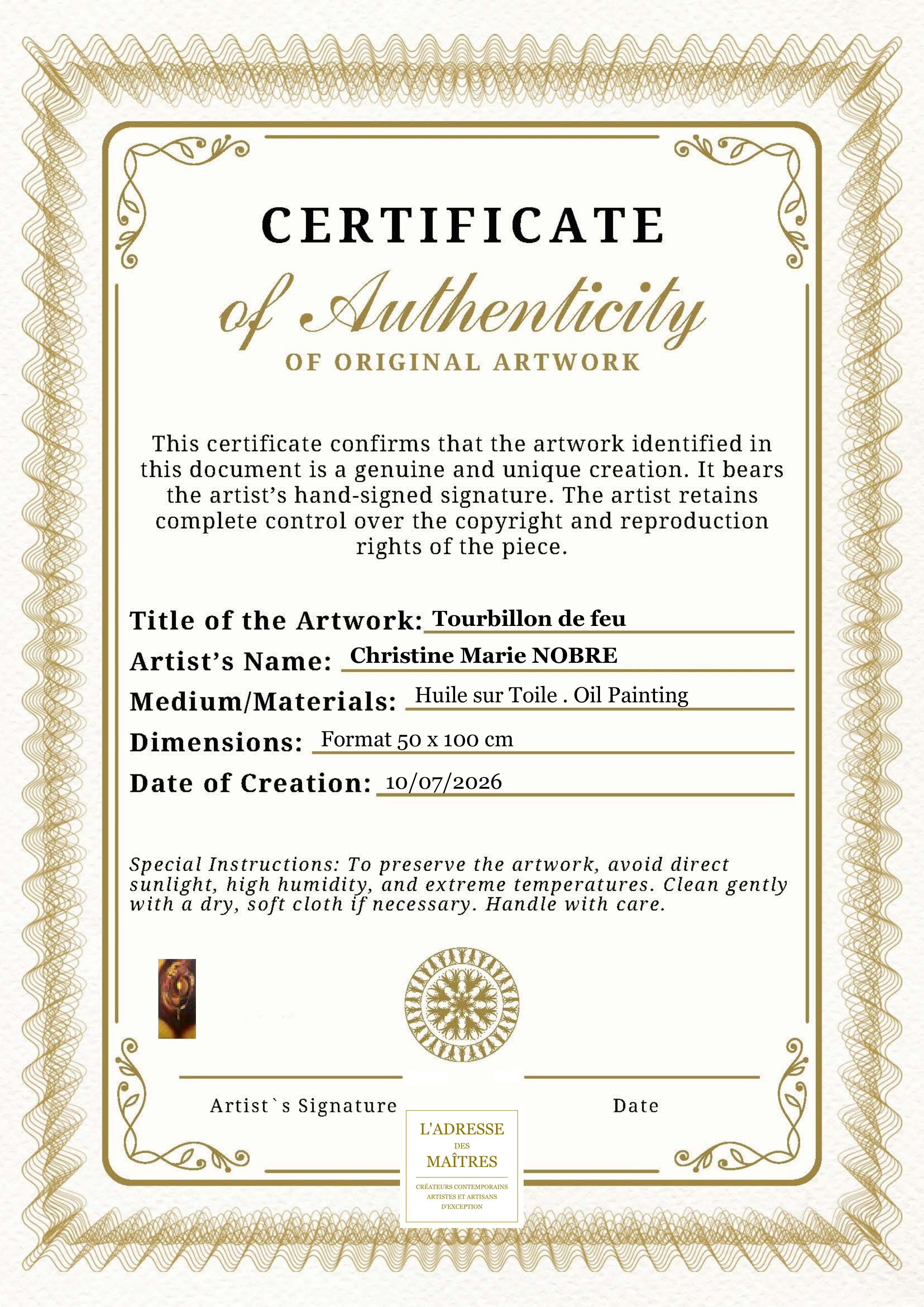 Certificat d'authenticité — Tourbillon de feu — Christine Marie NOBRE