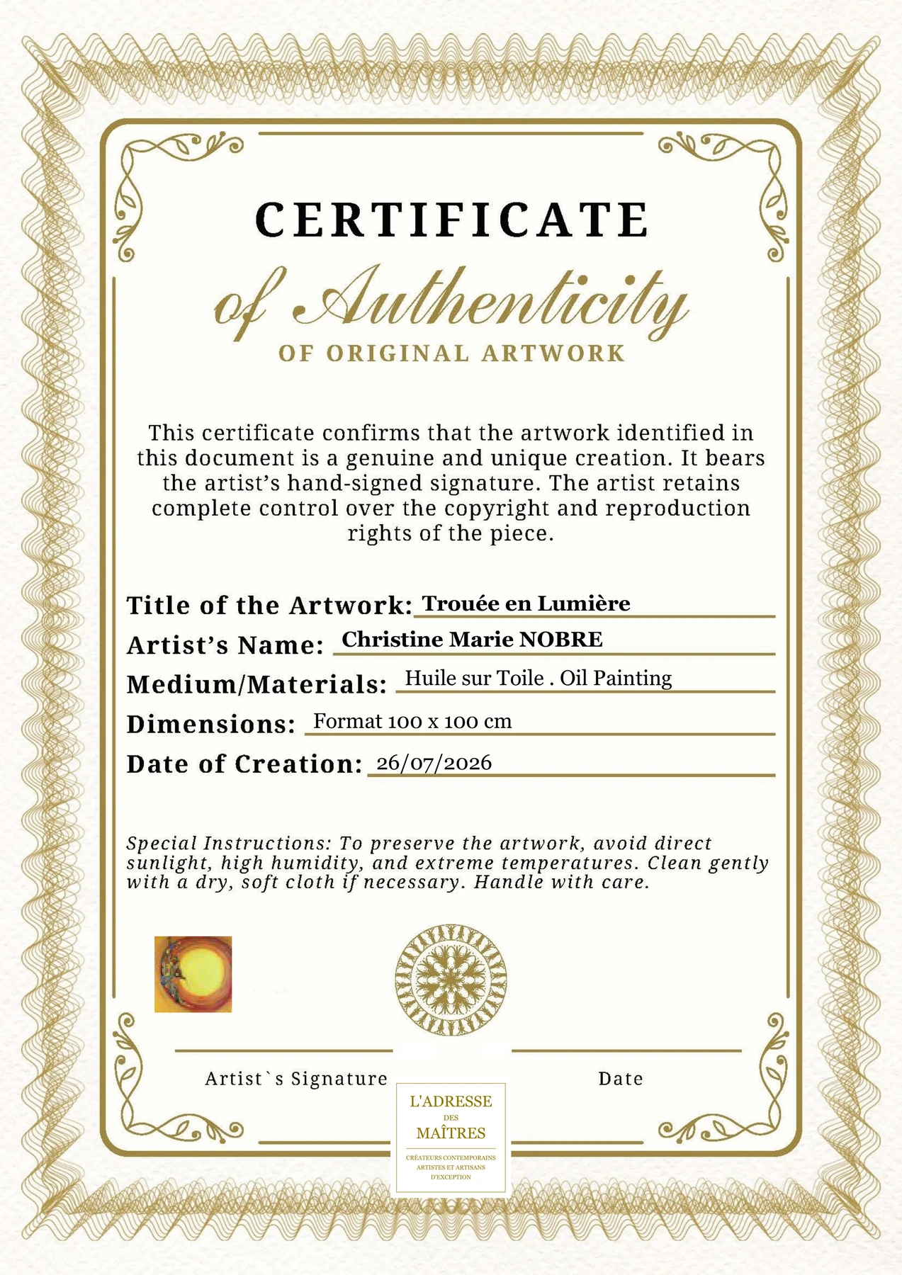 Certificat d'authenticité - Trouée en Lumière - Christine Marie NOBRE