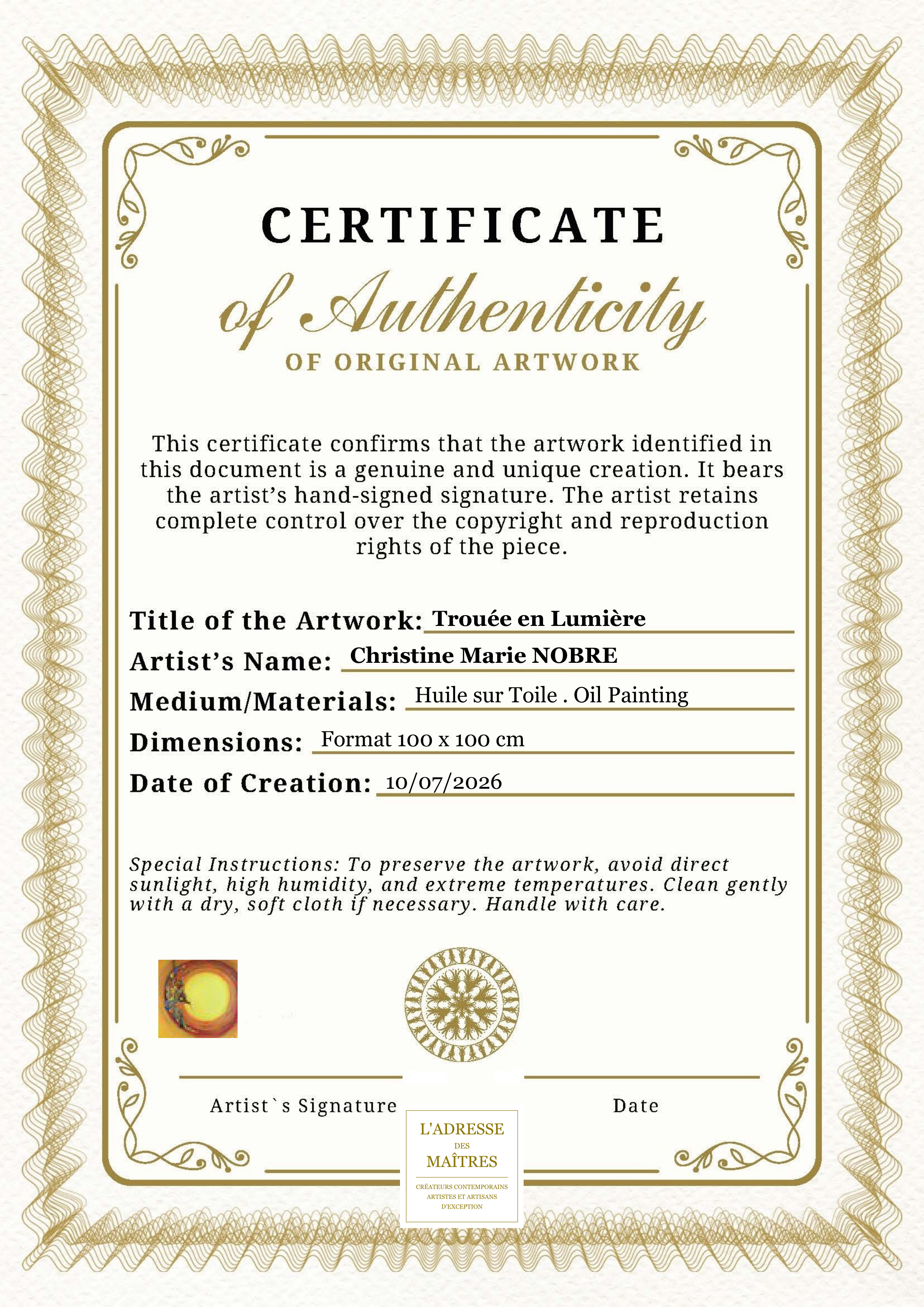 Certificat d'authenticité — Trouée en Lumière — Christine Marie NOBRE