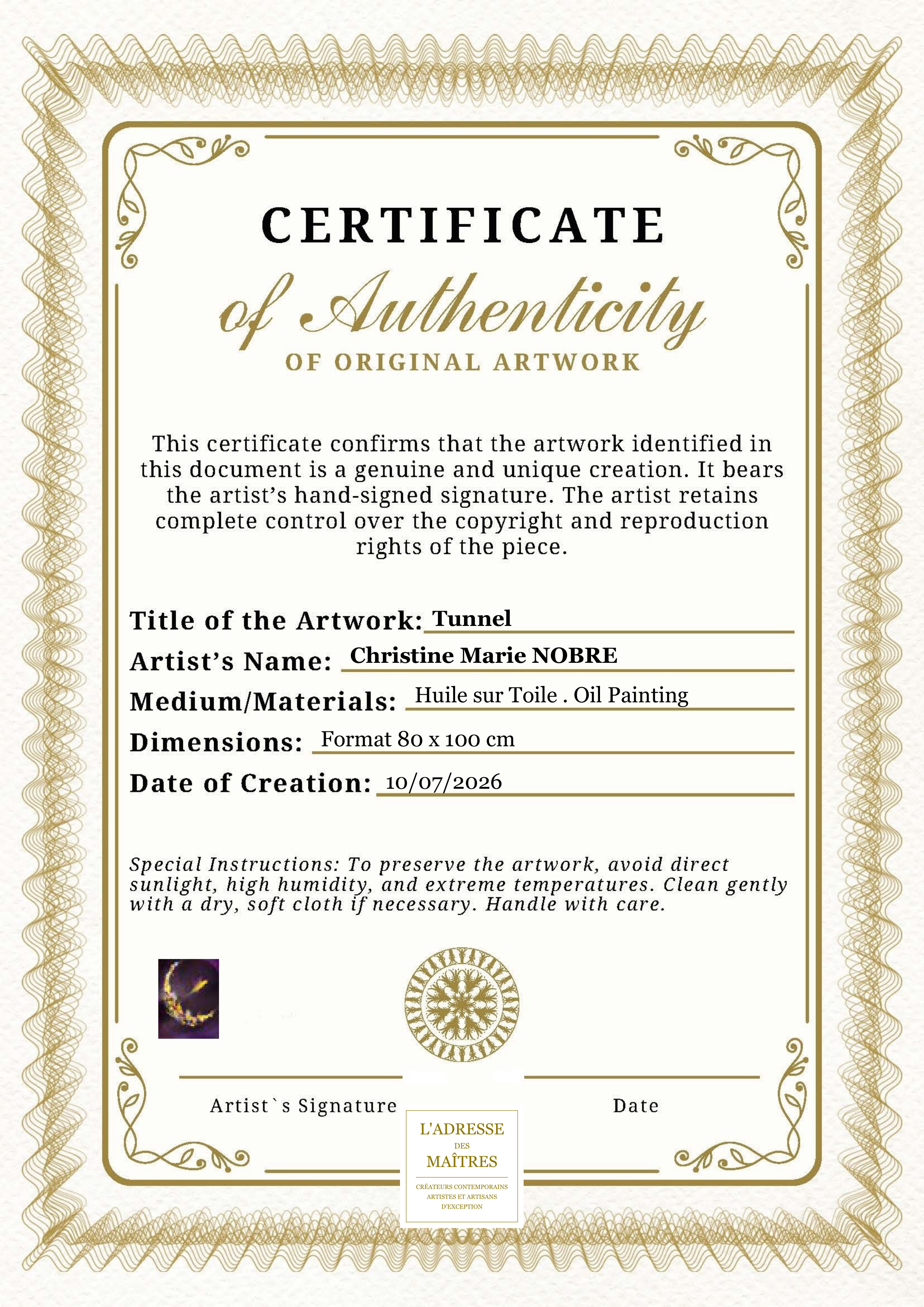 Certificat d'authenticité — Tunnel — Christine Marie NOBRE