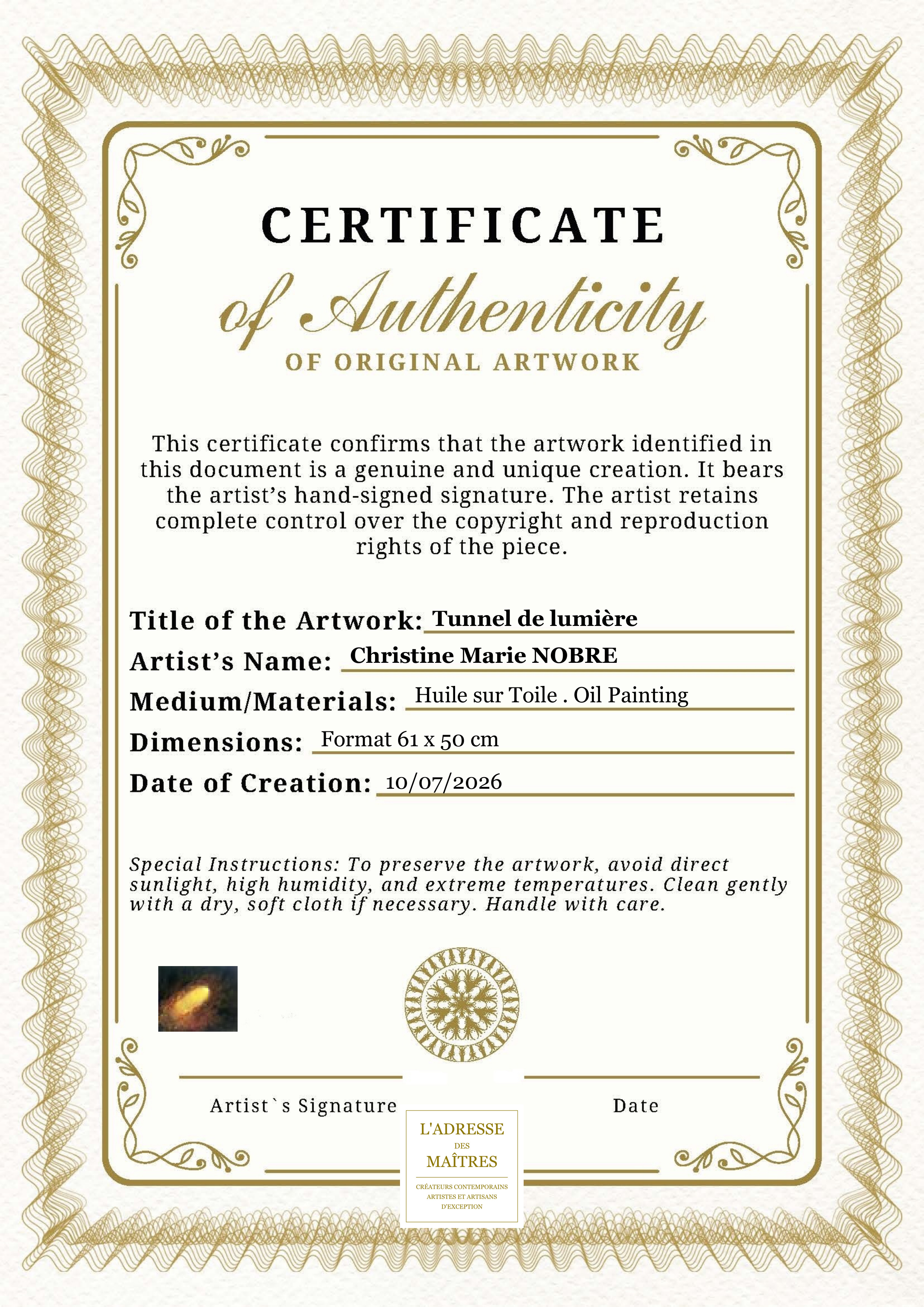 Certificat d'authenticité — Tunnel de lumière — Christine Marie NOBRE