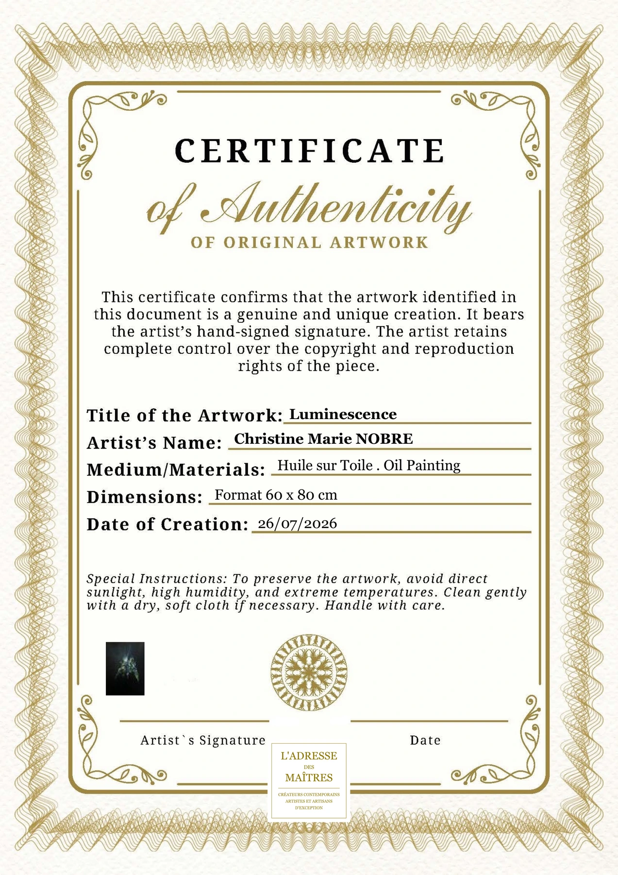 Certificat d'authenticité - Luminescence - Christine Marie NOBRE