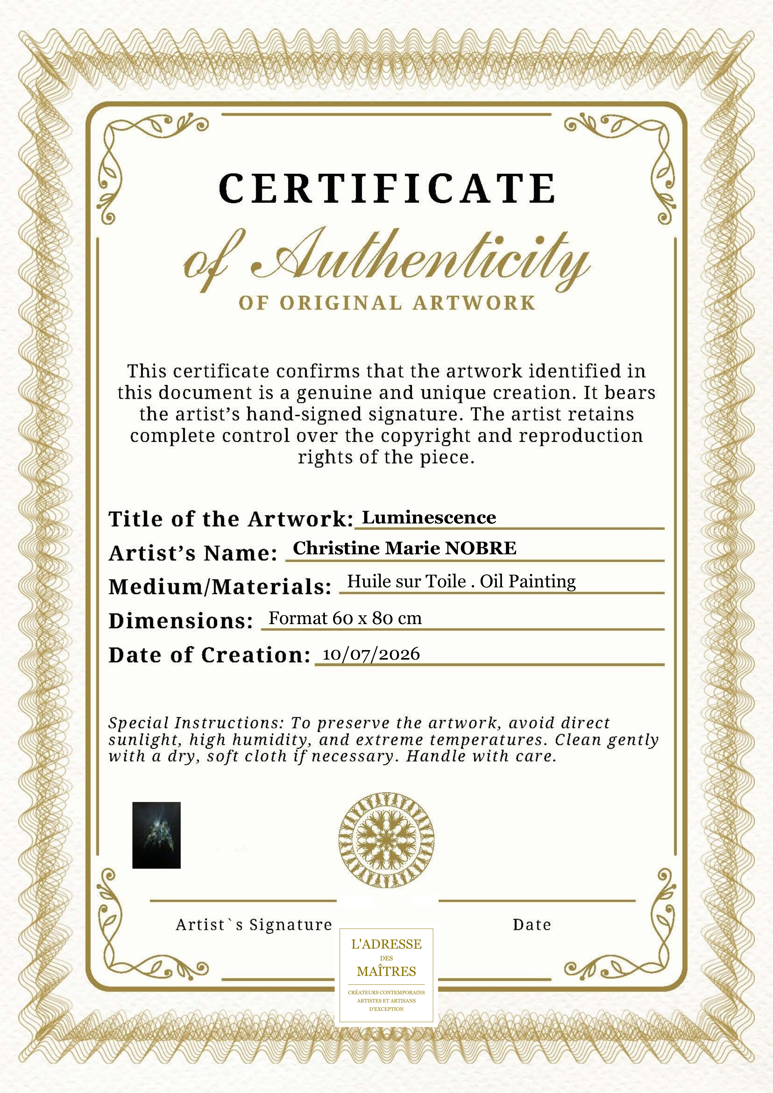 Certificat d'authenticité — Luminescence — Christine Marie NOBRE