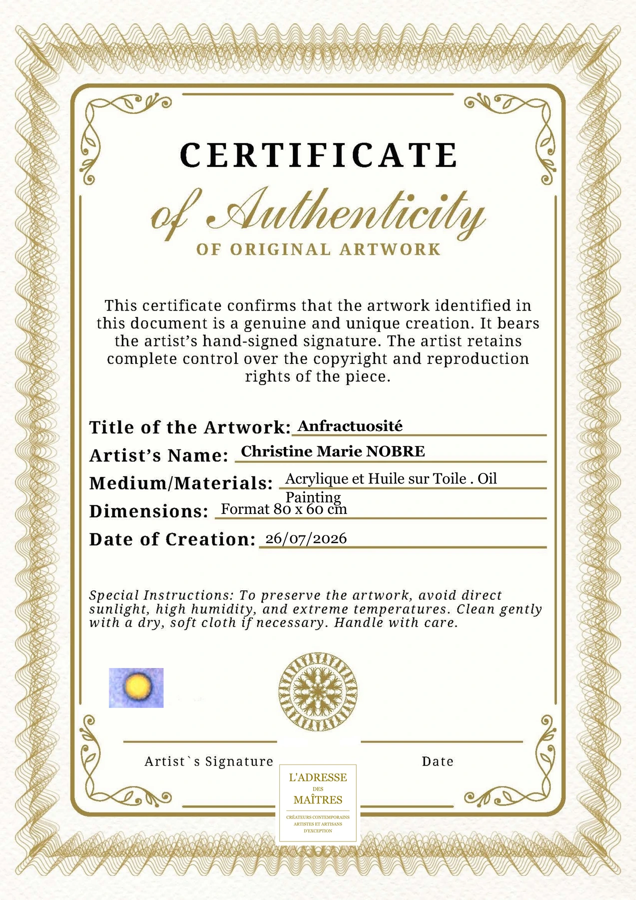 Certificat d'authenticité — Anfractuosité — Christine Marie NOBRE