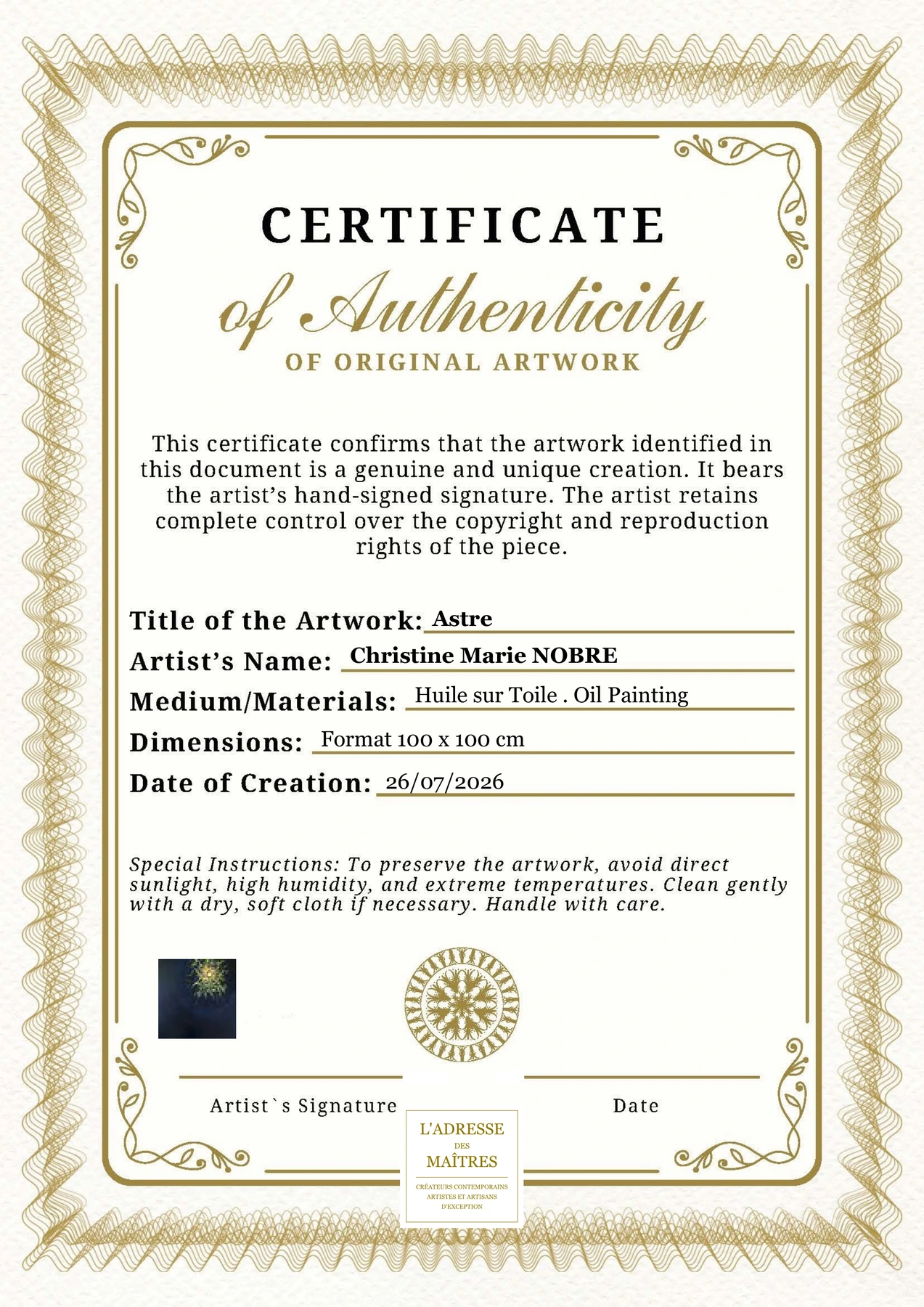 Certificat d'authenticité — Astre — Christine Marie NOBRE