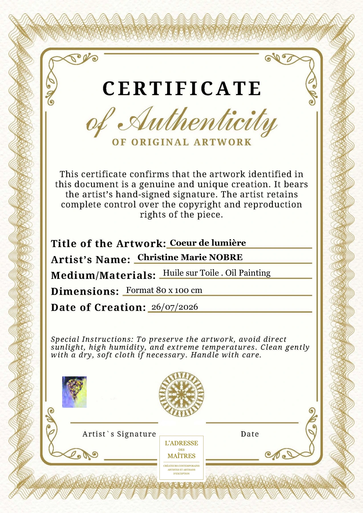 Certificat d'authenticité — Coeur de lumière — Christine Marie NOBRE