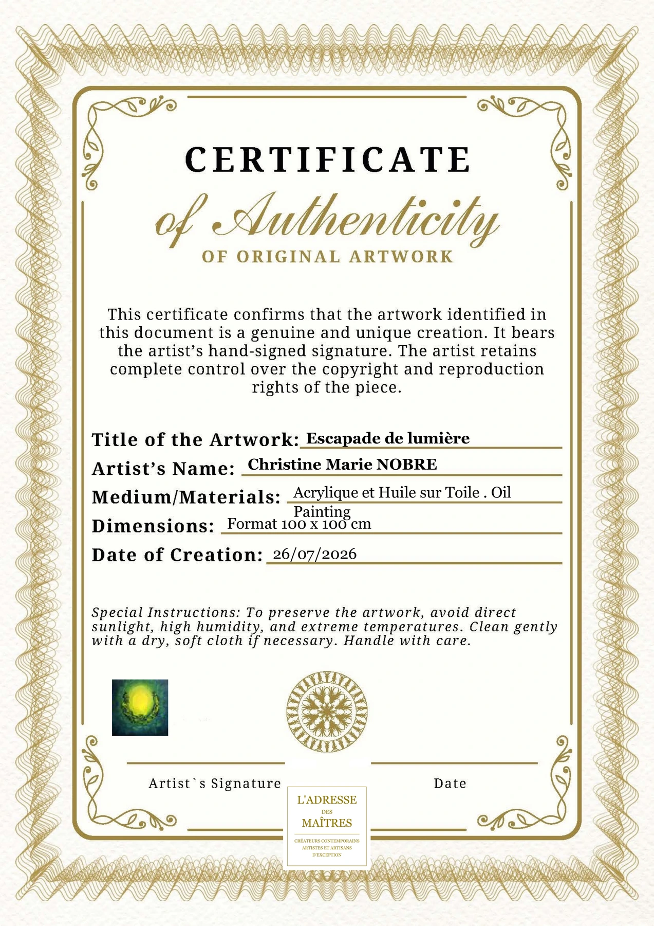 Certificat d'authenticité — Escapade de lumière — Christine Marie NOBRE