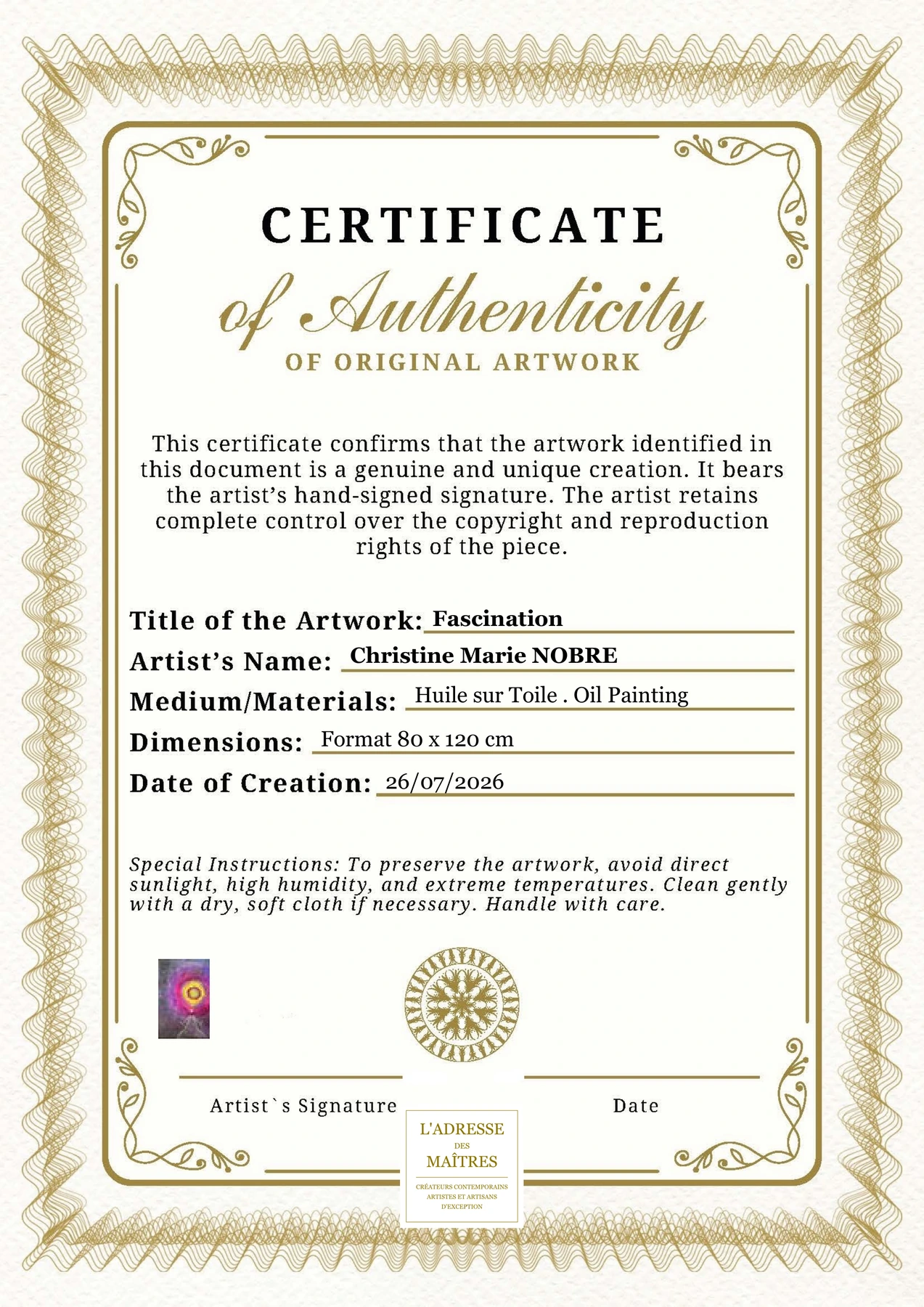 Certificat d'authenticité — Fascination — Christine Marie NOBRE