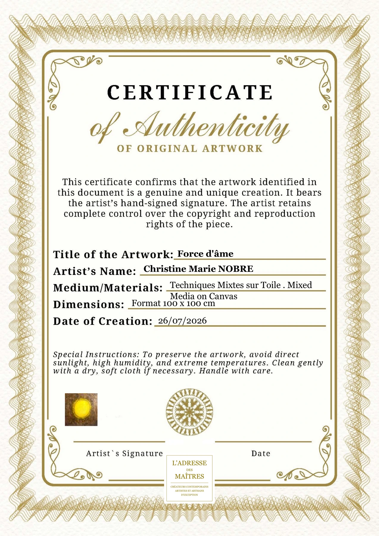 Certificat d'authenticité — Force d'âme — Christine Marie NOBRE