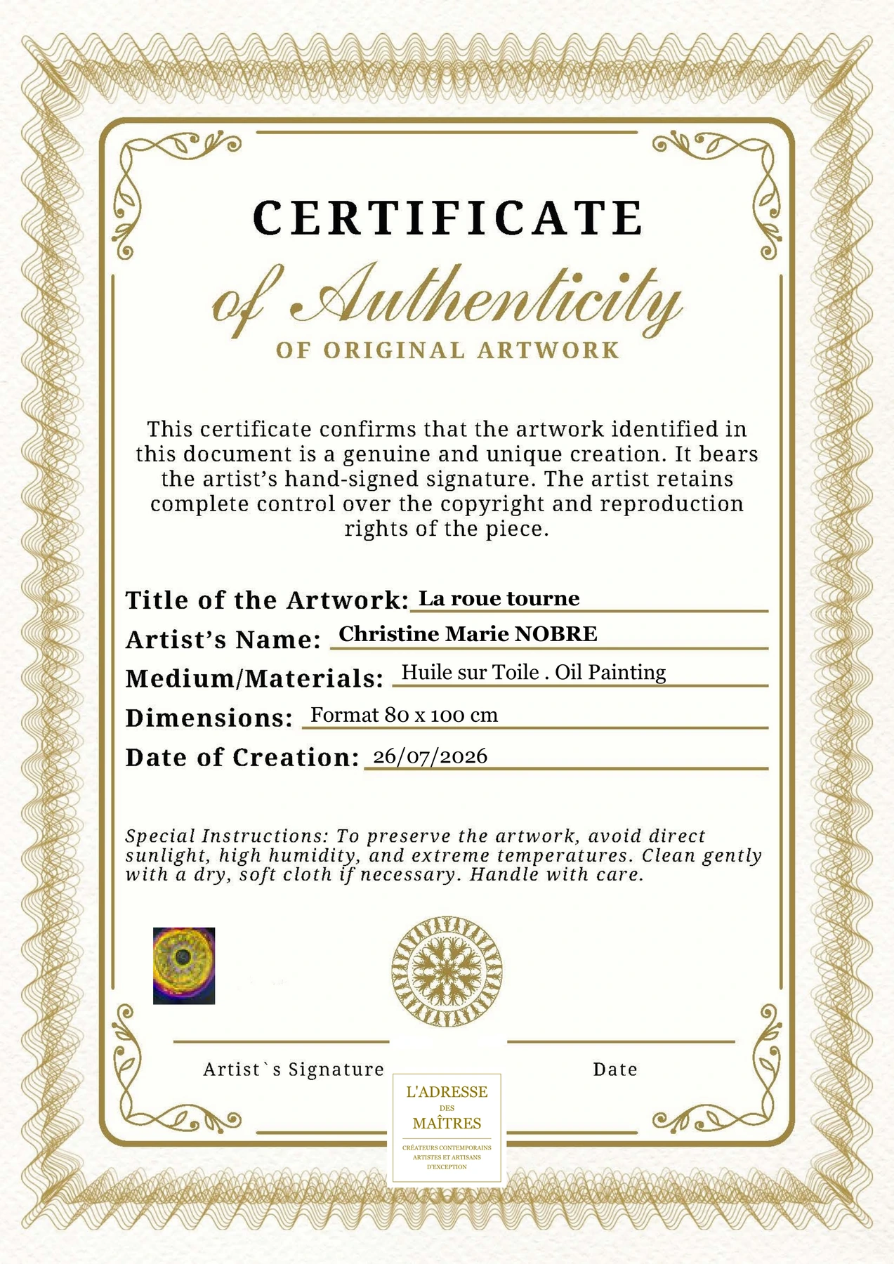 Certificat d'authenticité — La roue tourne — Christine Marie NOBRE