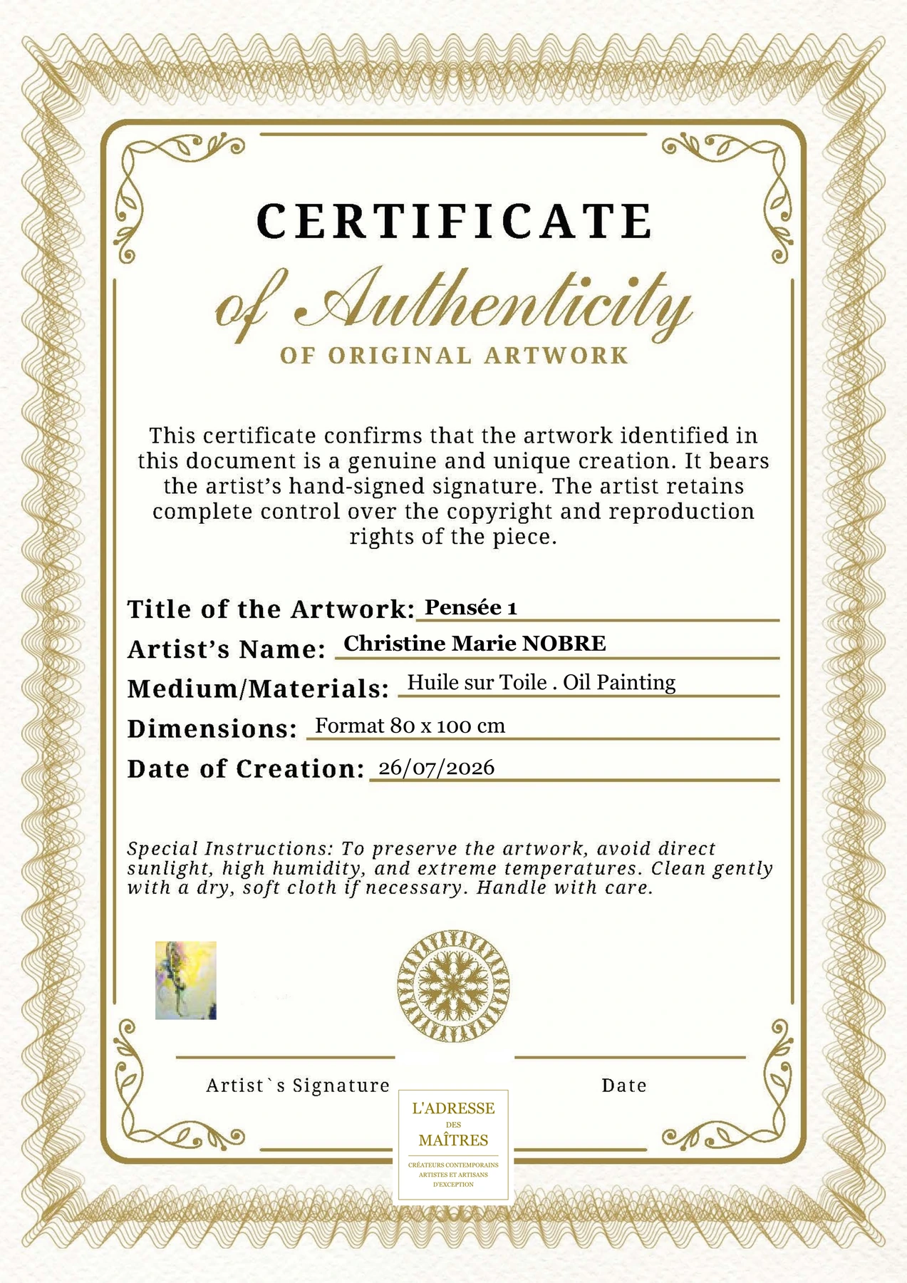 Certificat d'authenticité — Pensée 1 — Christine Marie NOBRE