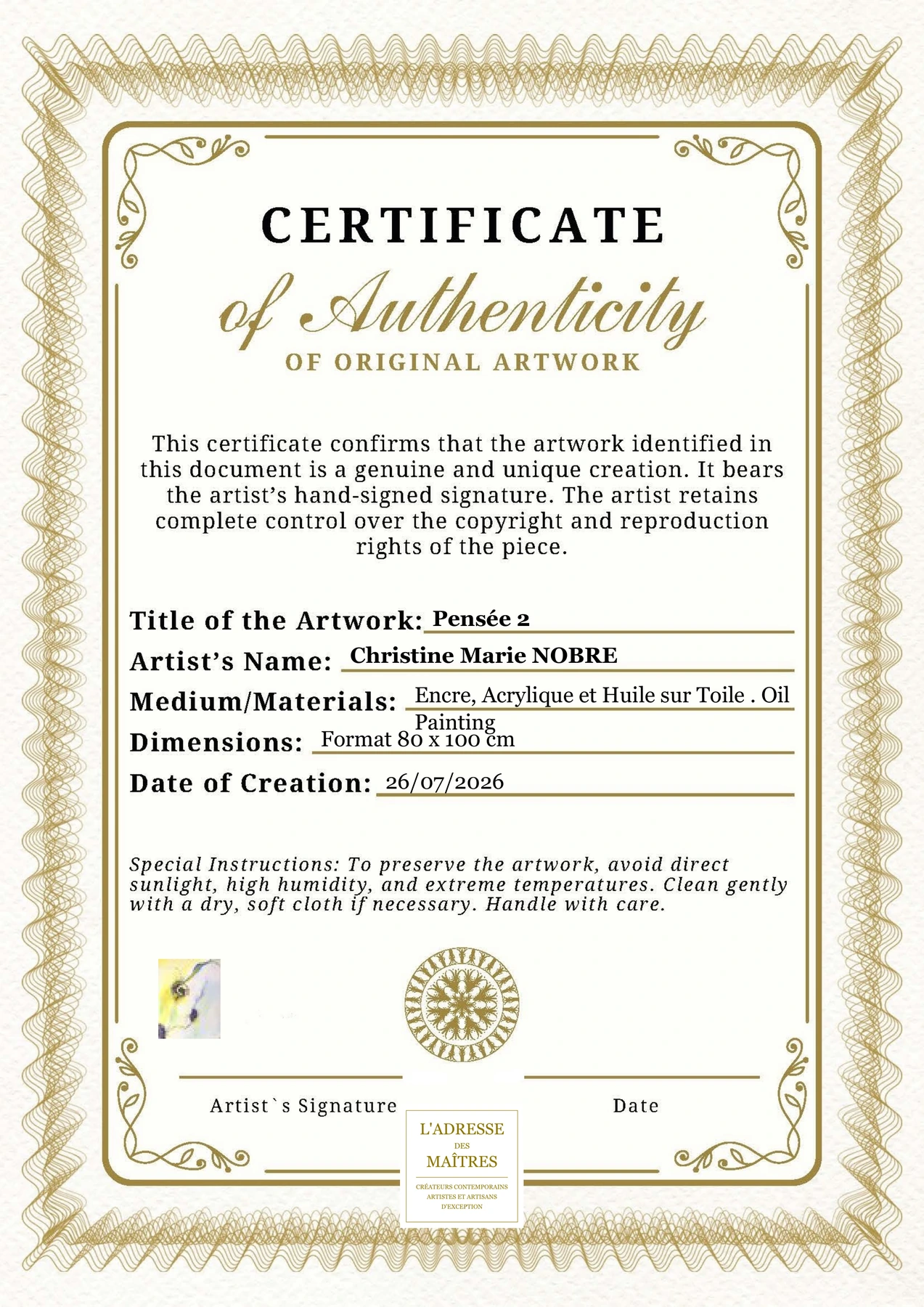 Certificat d'authenticité — Pensée 2 — Christine Marie NOBRE