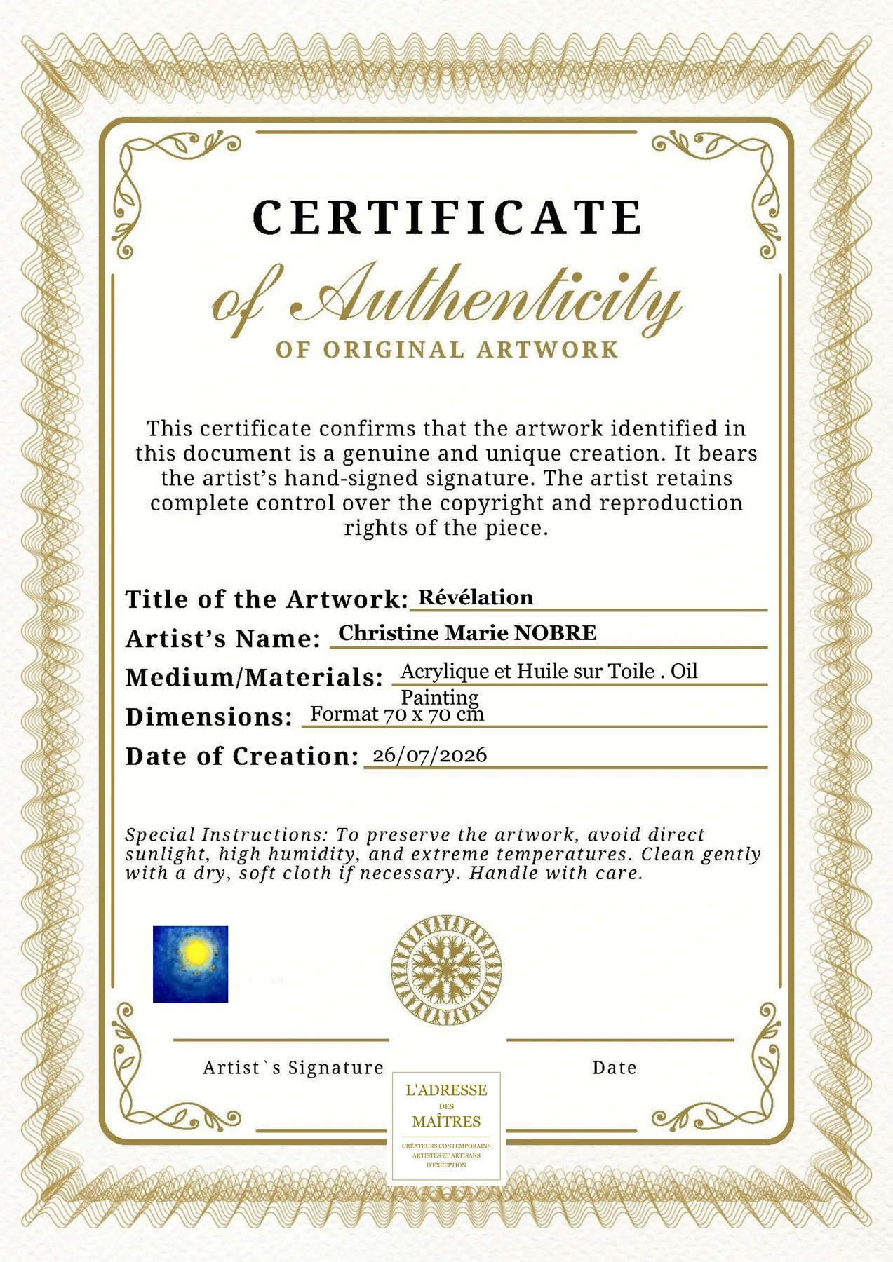 Certificat d'authenticité — Révélation — Christine Marie NOBRE