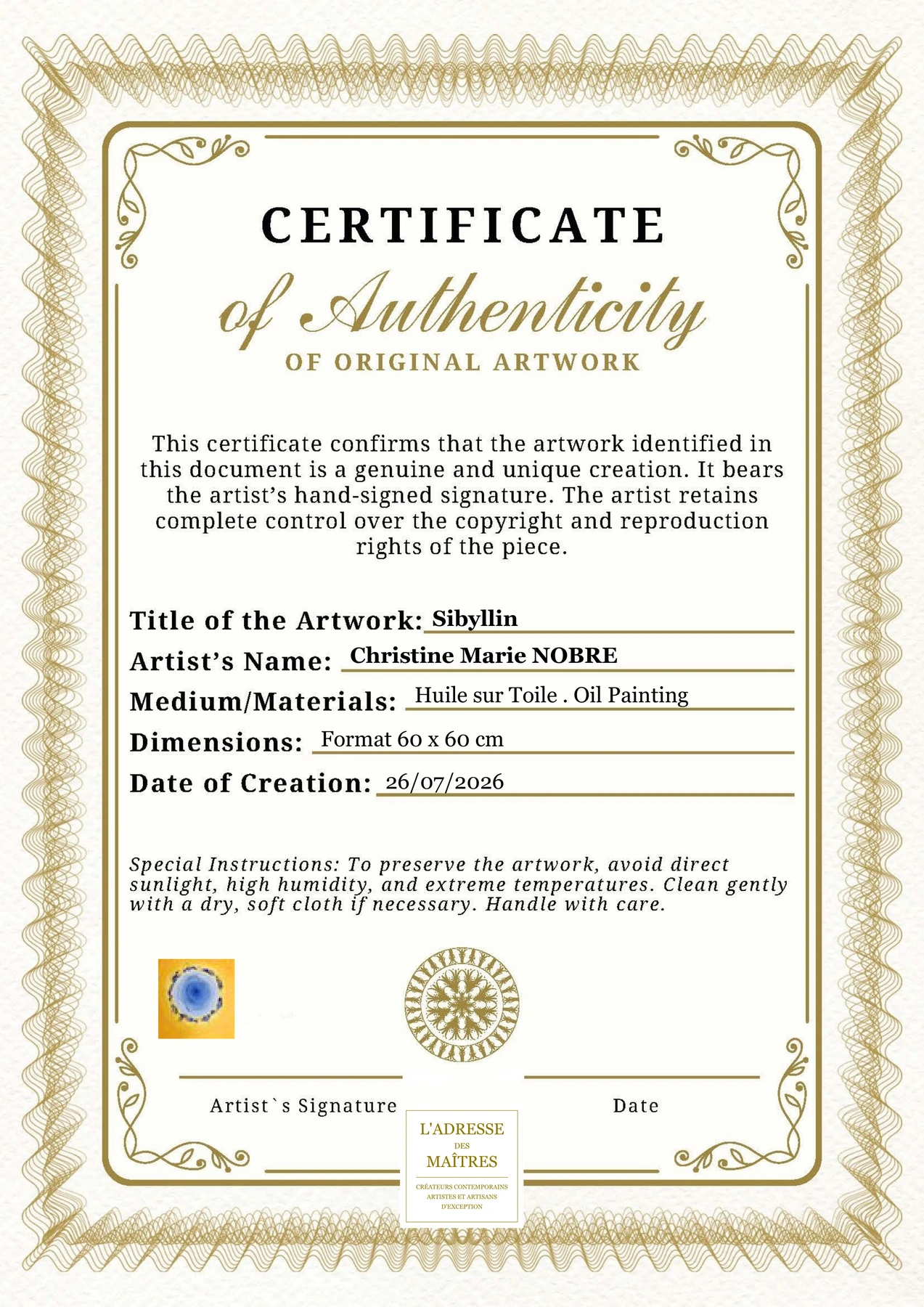 Certificat d'authenticité — Sibyllin — Christine Marie NOBRE