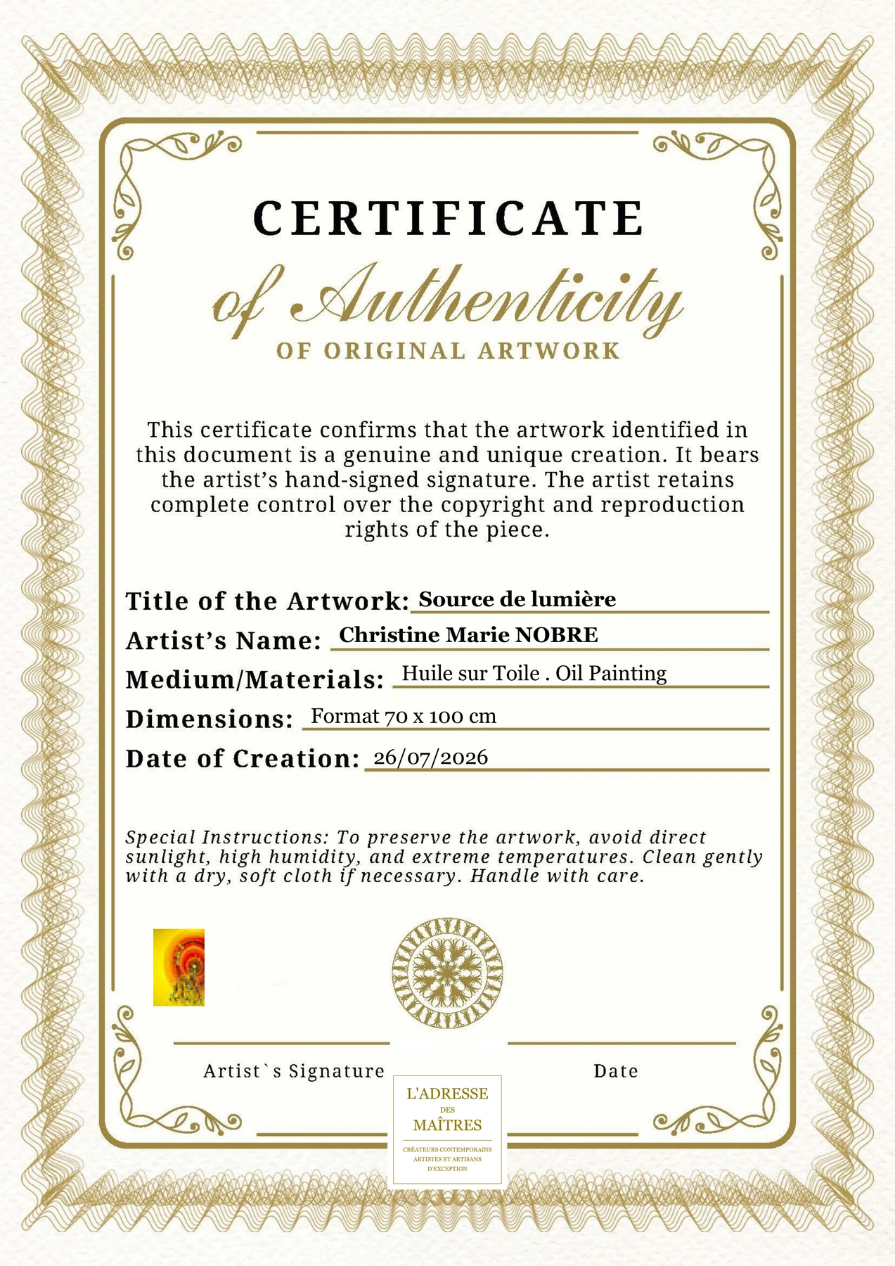 Certificat d'authenticité — Source de lumière — Christine Marie NOBRE