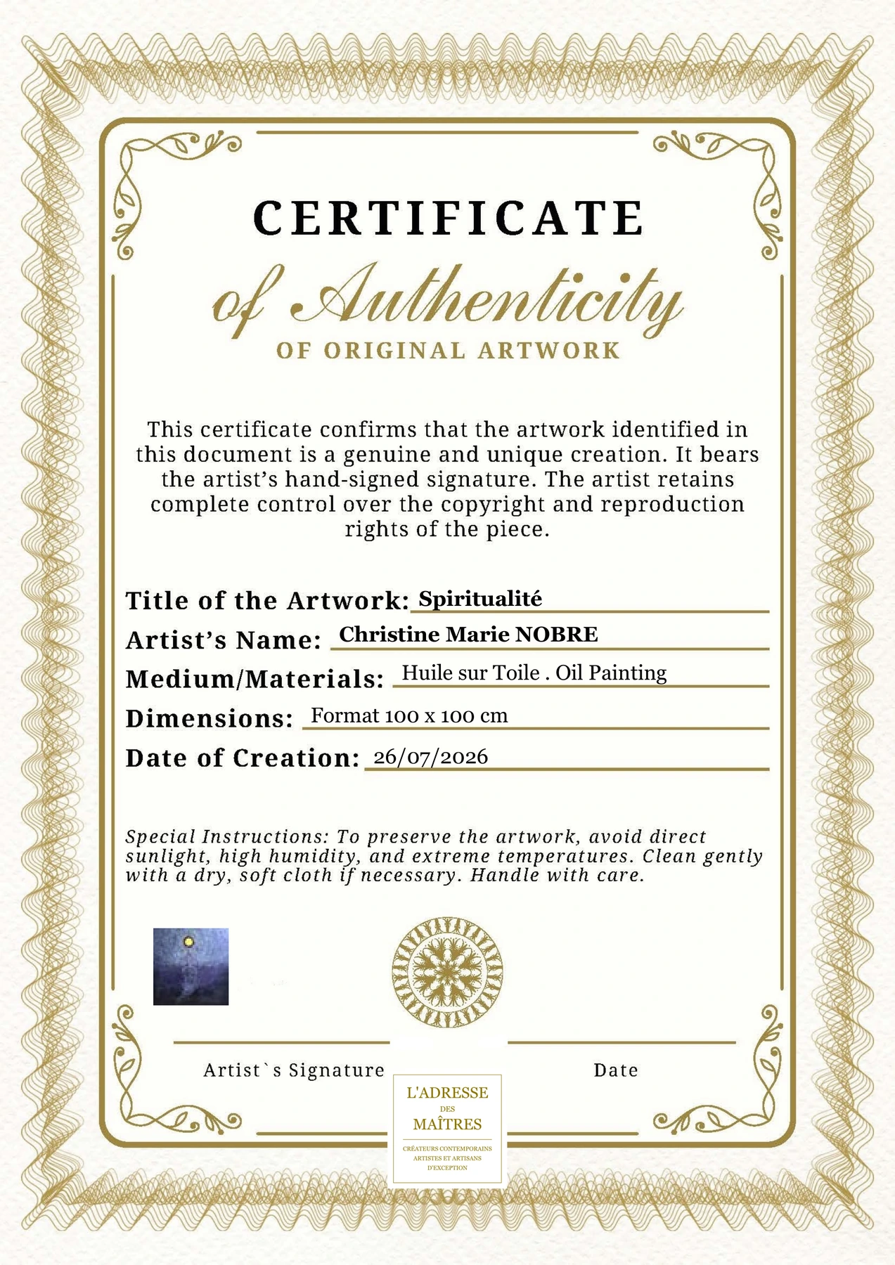 Certificat d'authenticité — Spiritualité — Christine Marie NOBRE