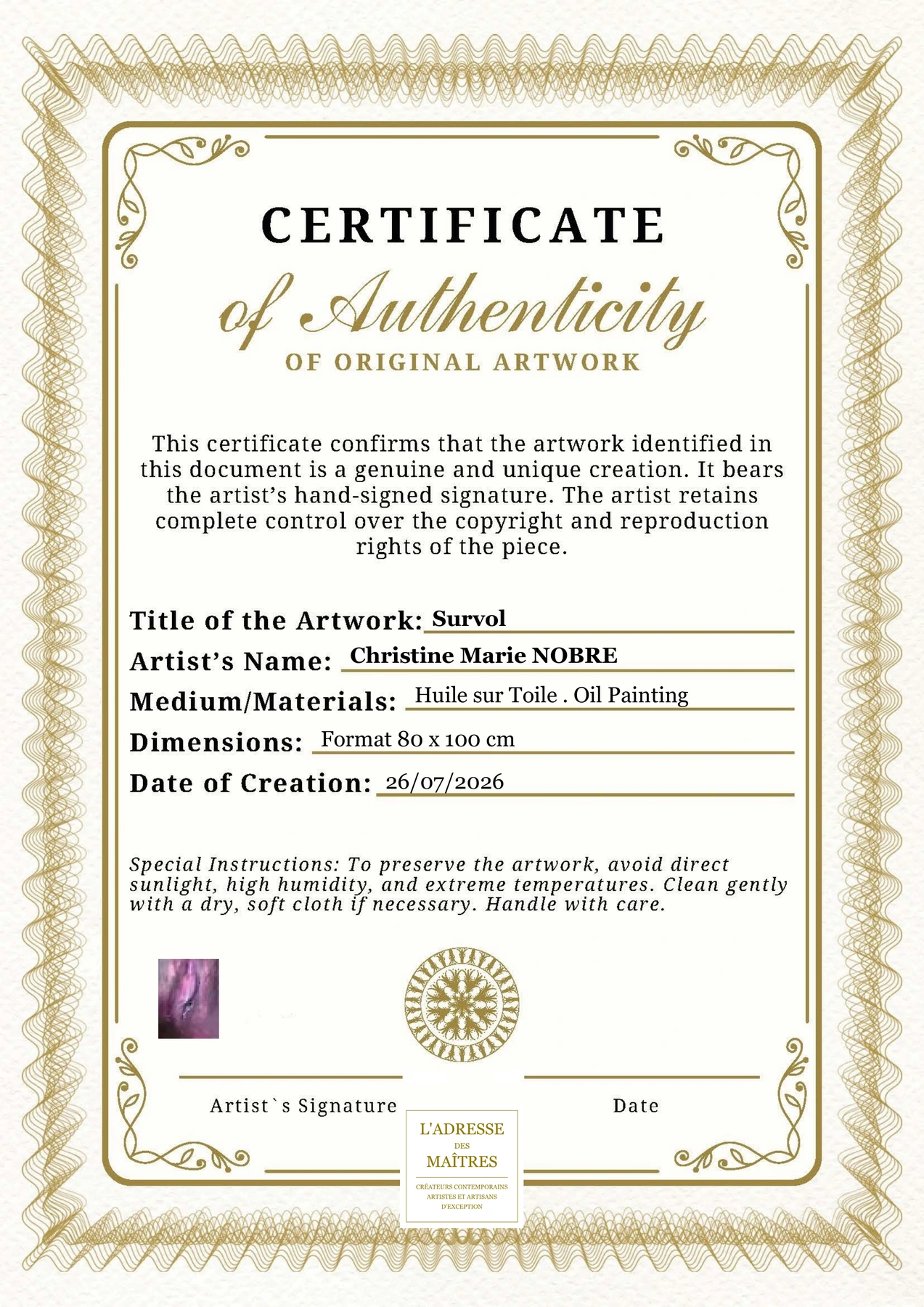 Certificat d'authenticité — Survol — Christine Marie NOBRE