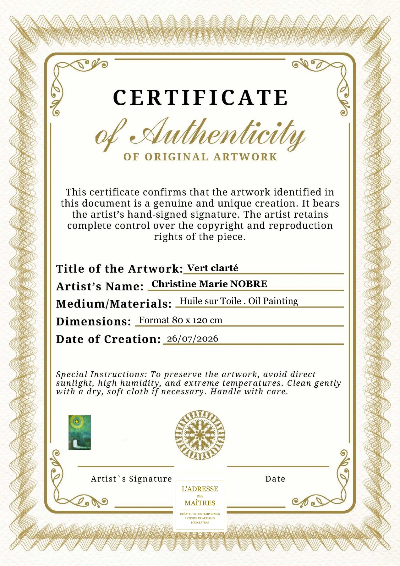 Certificat d'authenticité — Vert clarté — Christine Marie NOBRE