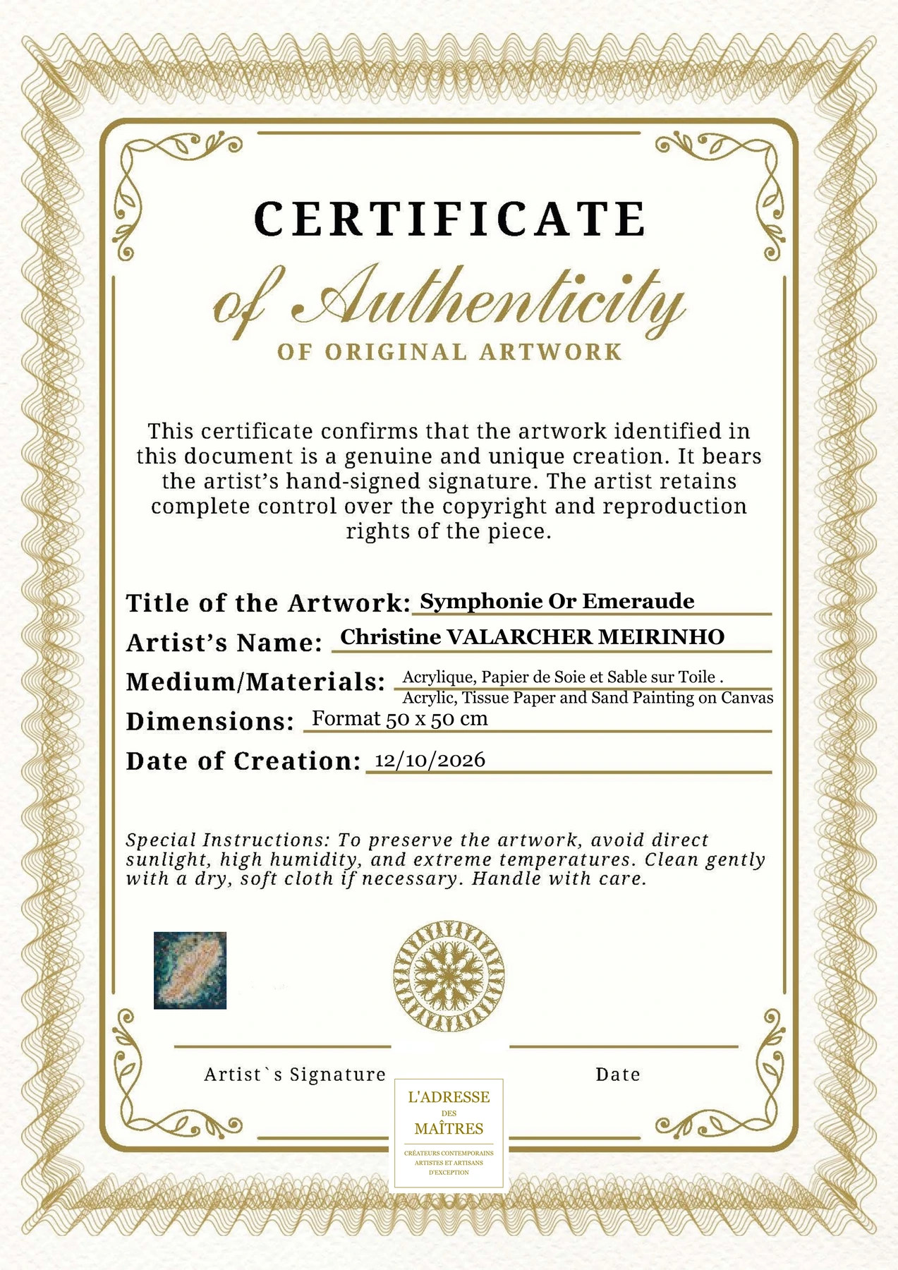 Certificat d'authenticité - Symphonie Or Emeraude - Christine VALARCHER MEIRINHO