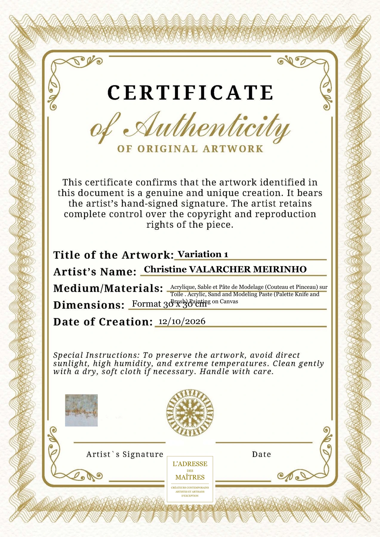 Certificat d'authenticité - Variation 1 - Christine VALARCHER MEIRINHO