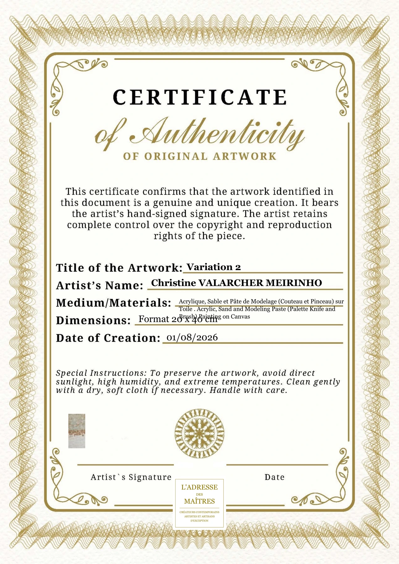 Certificat d'authenticité — Variation 2 — Christine VALARCHER MEIRINHO