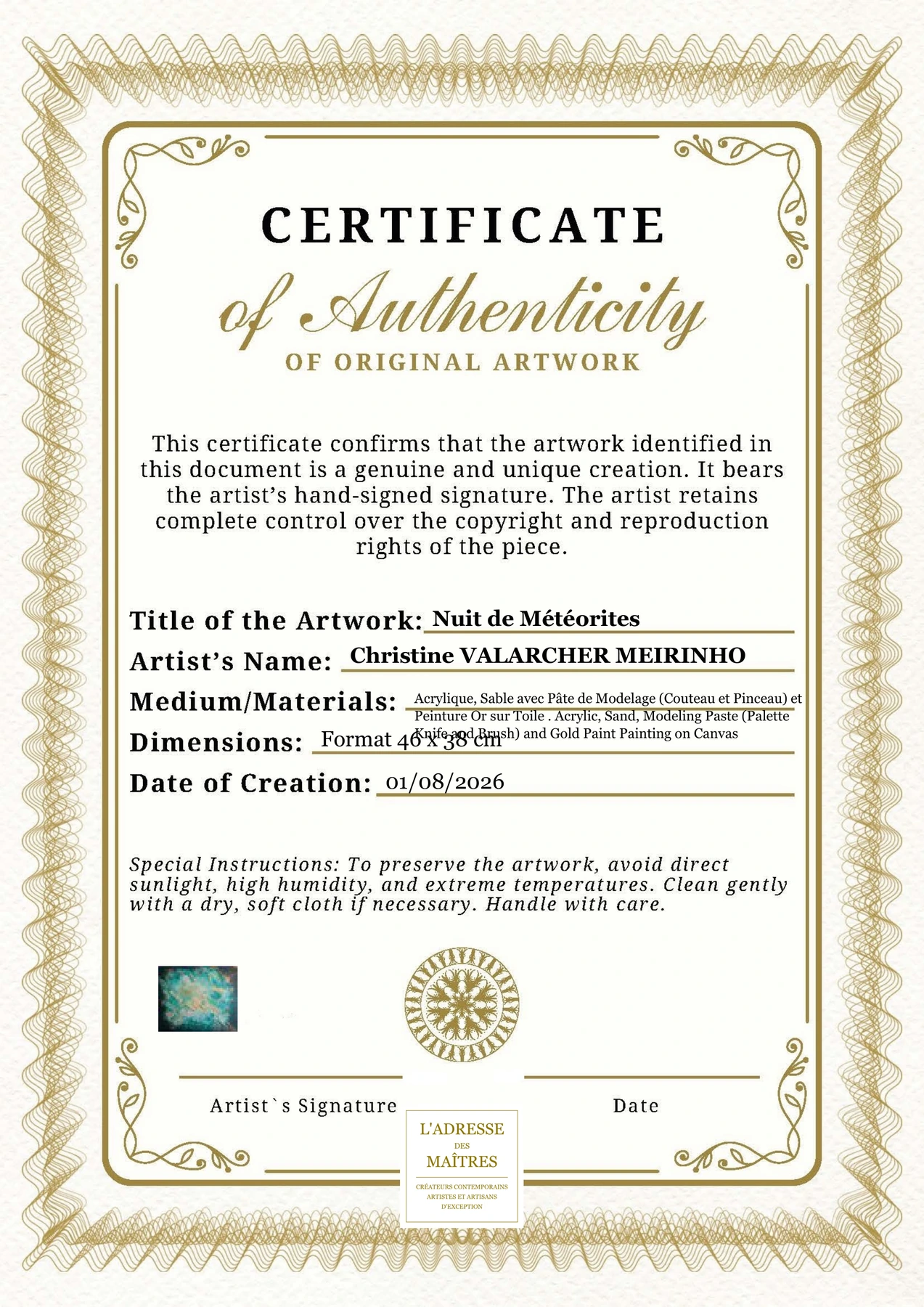 Certificat d'authenticité — Nuit de Météorites — Christine VALARCHER MEIRINHO