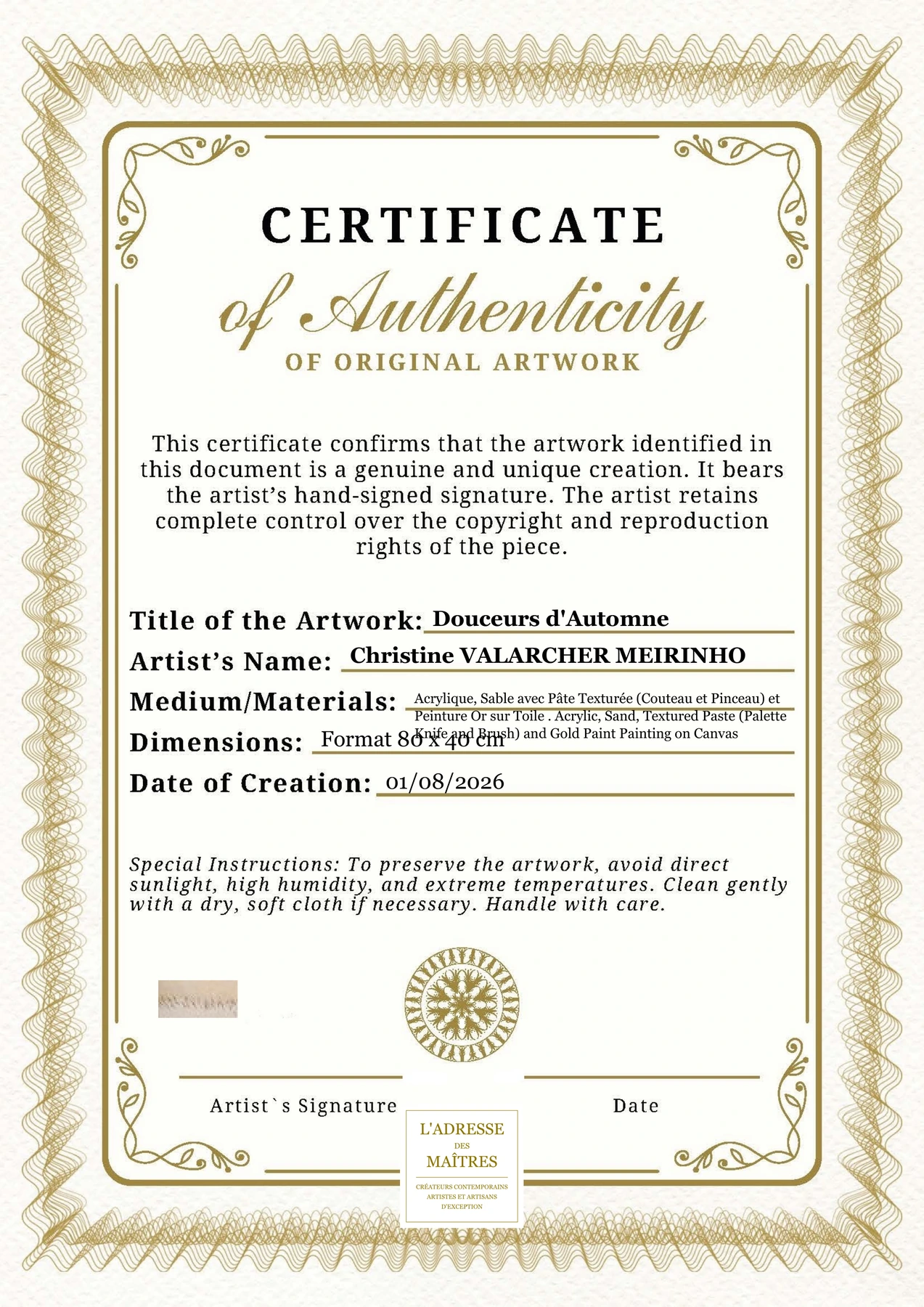 Certificat d'authenticité — Douceurs d'Automne — Christine VALARCHER MEIRINHO