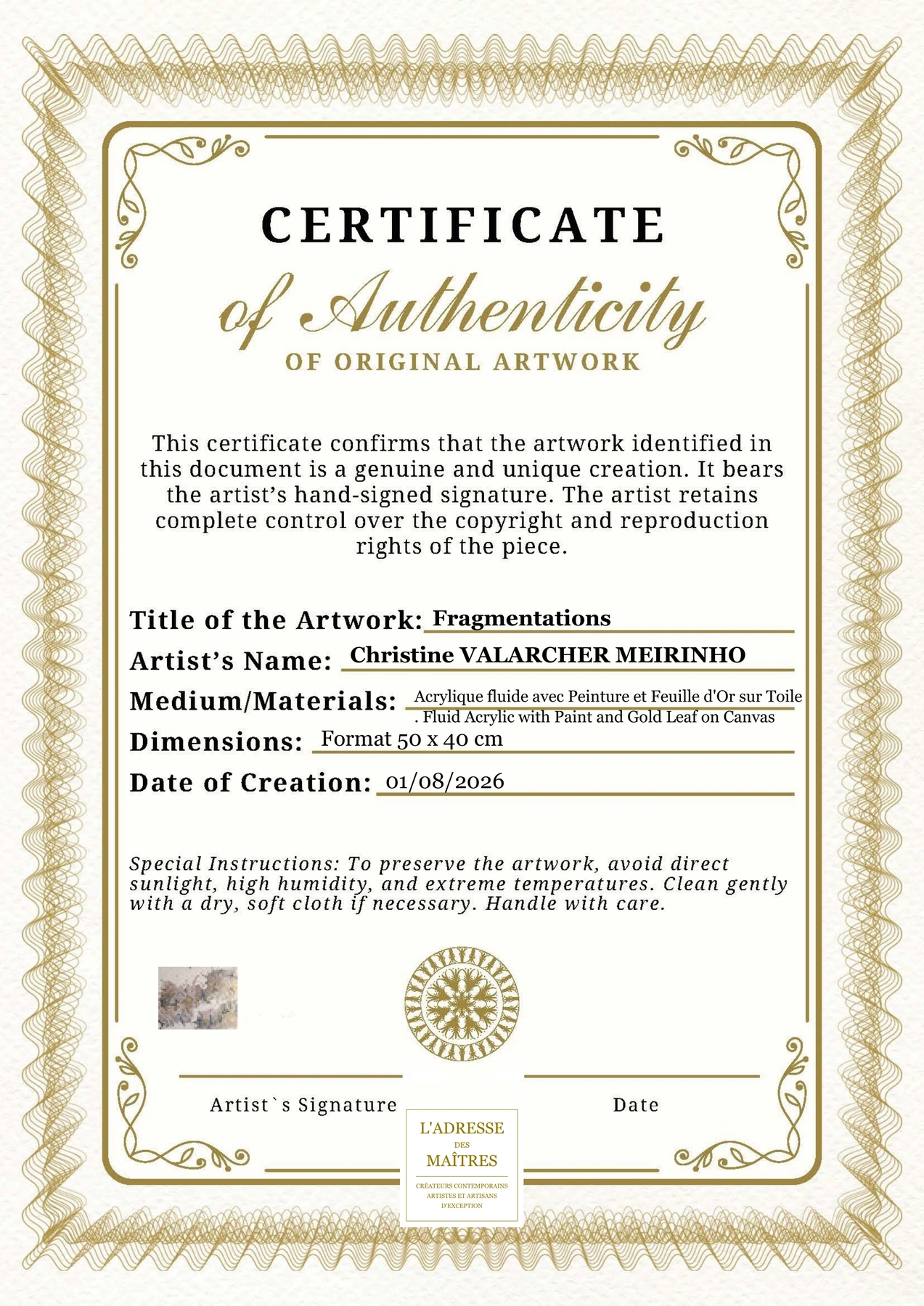 Certificat d'authenticité — Fragmentations — Christine VALARCHER MEIRINHO