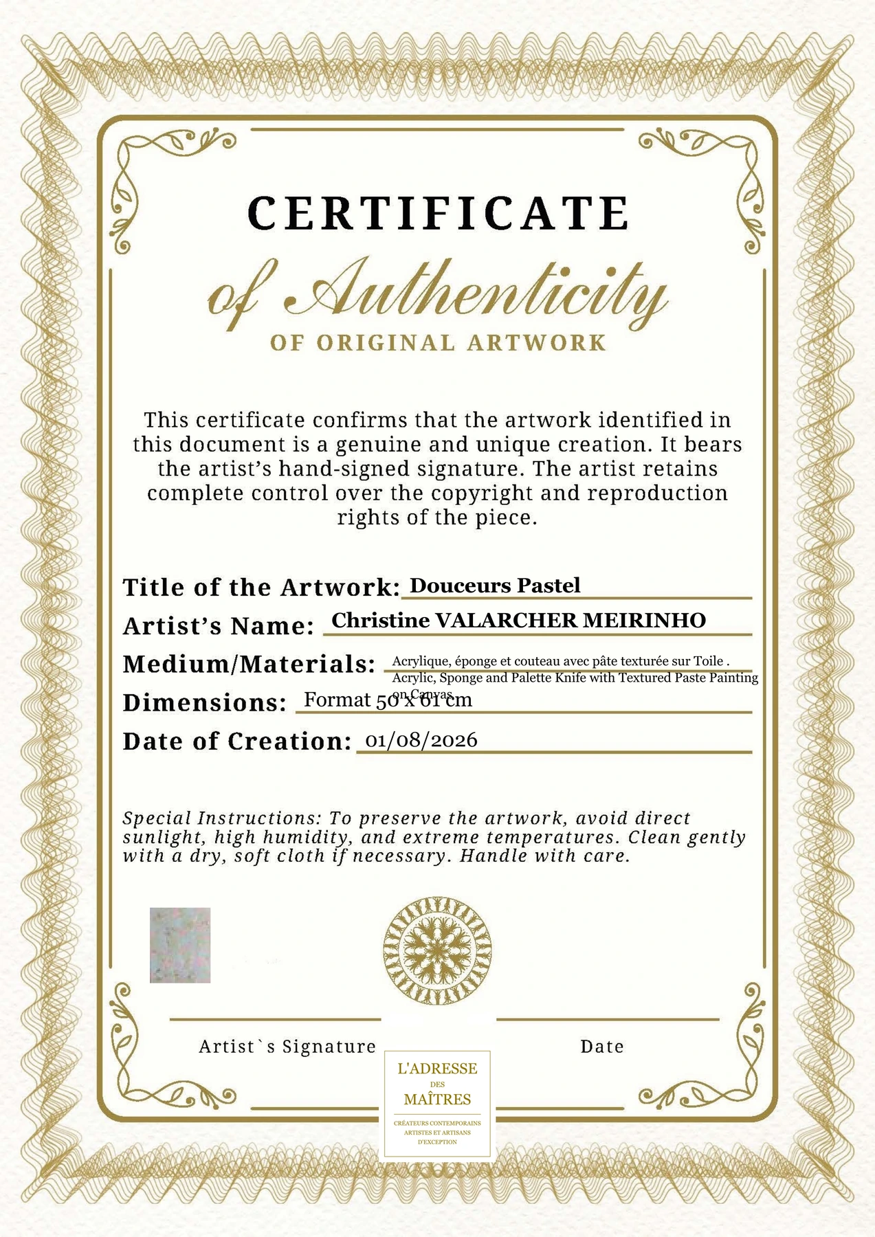 Certificat d'authenticité — Douceurs Pastel — Christine VALARCHER MEIRINHO