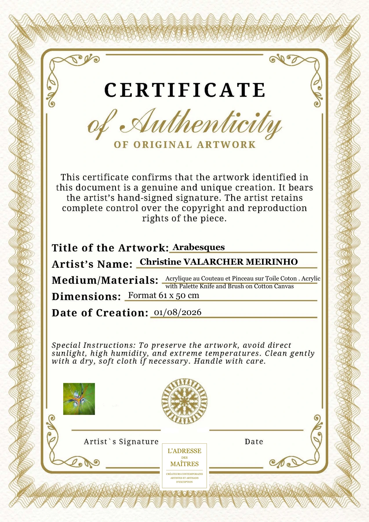 Certificat d'authenticité — Arabesques — Christine VALARCHER MEIRINHO