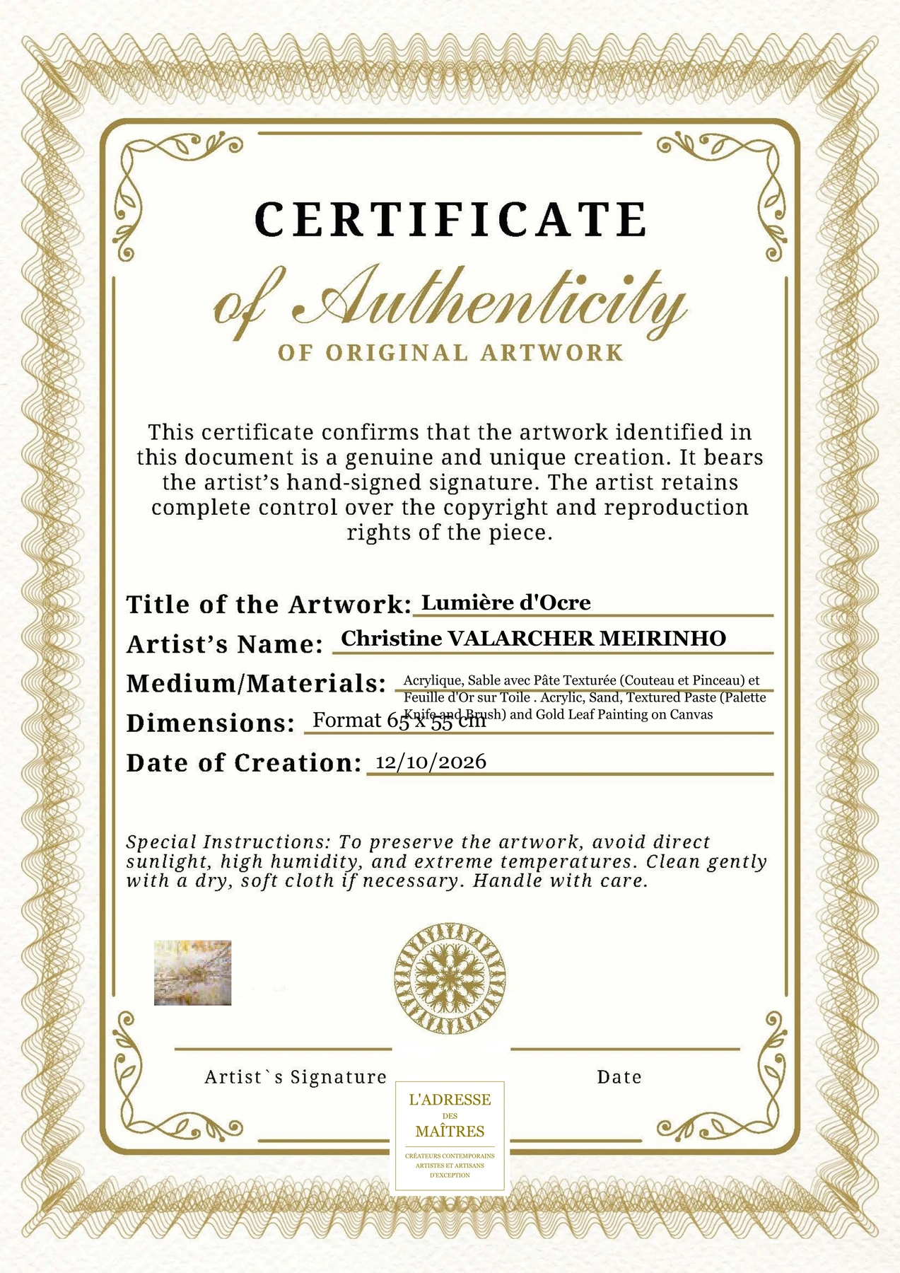 Certificat d'authenticité - Lumière d'Ocre - Christine VALARCHER MEIRINHO