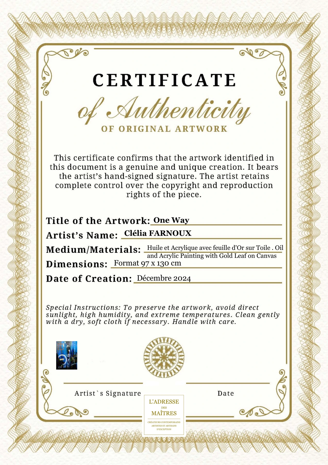 Certificat d'authenticité - One Way - Clélia FARNOUX