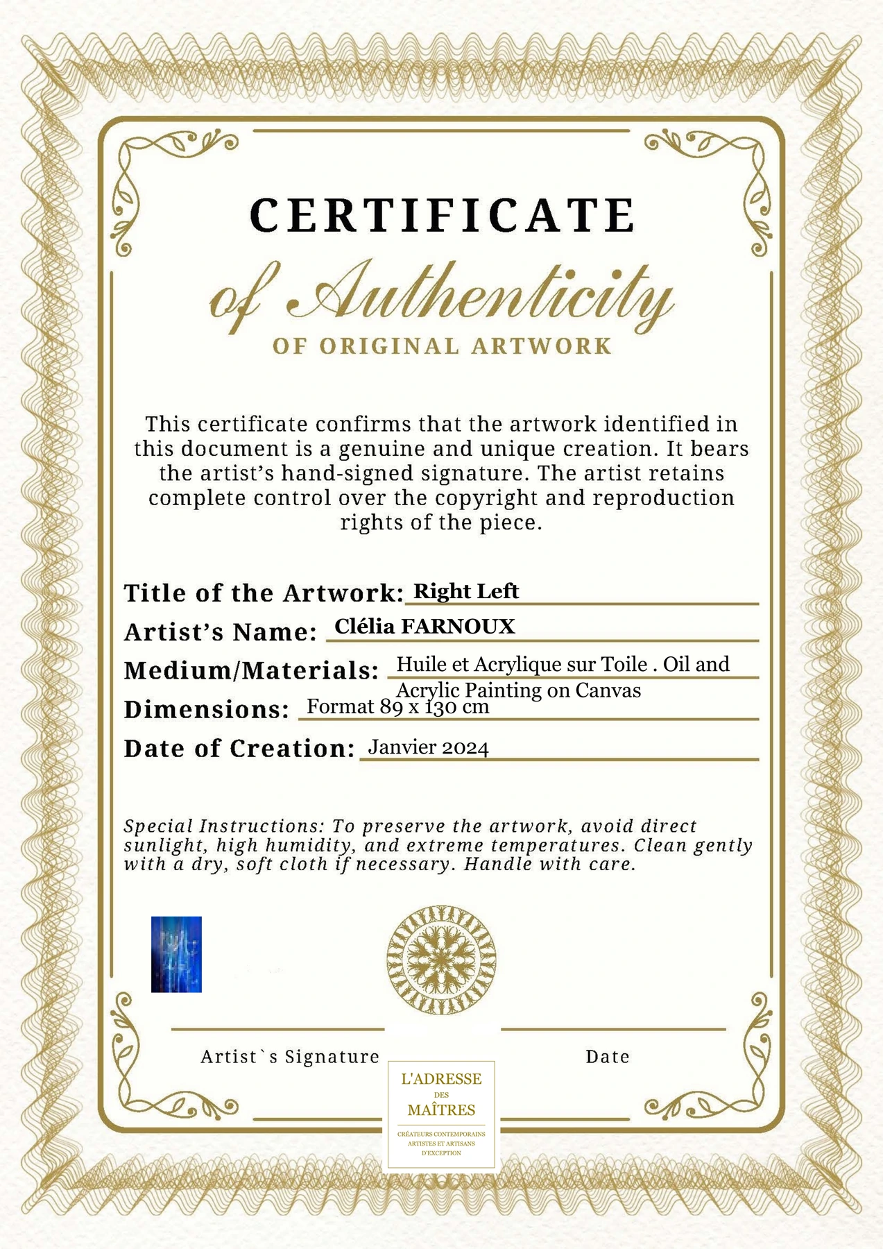 Certificat d'authenticité - Right Left - Clélia FARNOUX