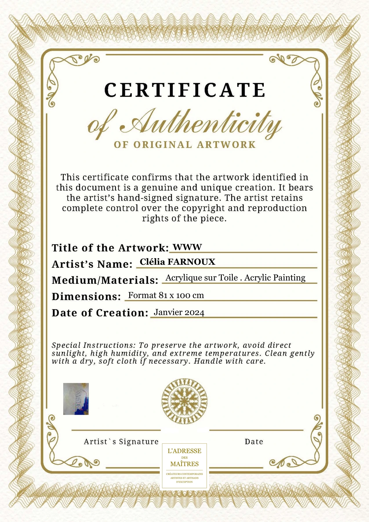Certificat d'authenticité - WWW - Clélia FARNOUX