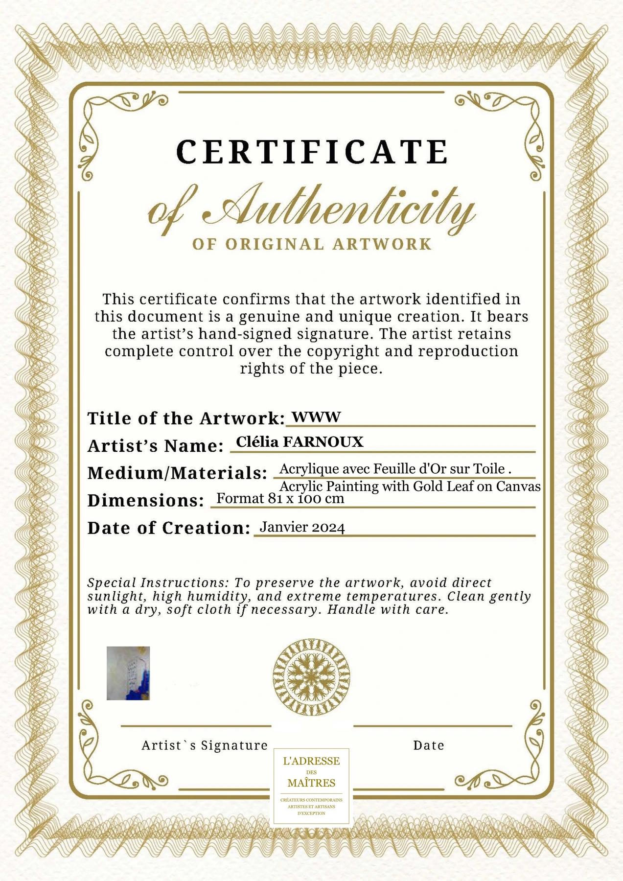 Certificat d'authenticité - WWW - Clélia FARNOUX