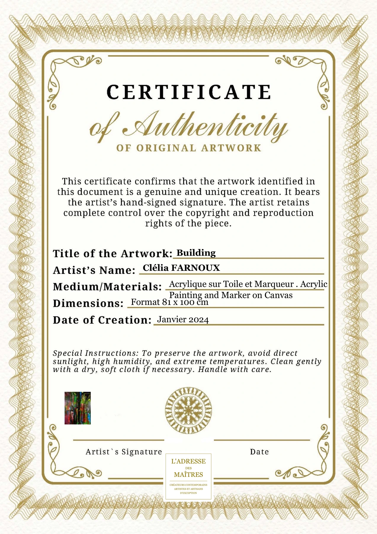 Certificat d'authenticité - Building - Clélia FARNOUX