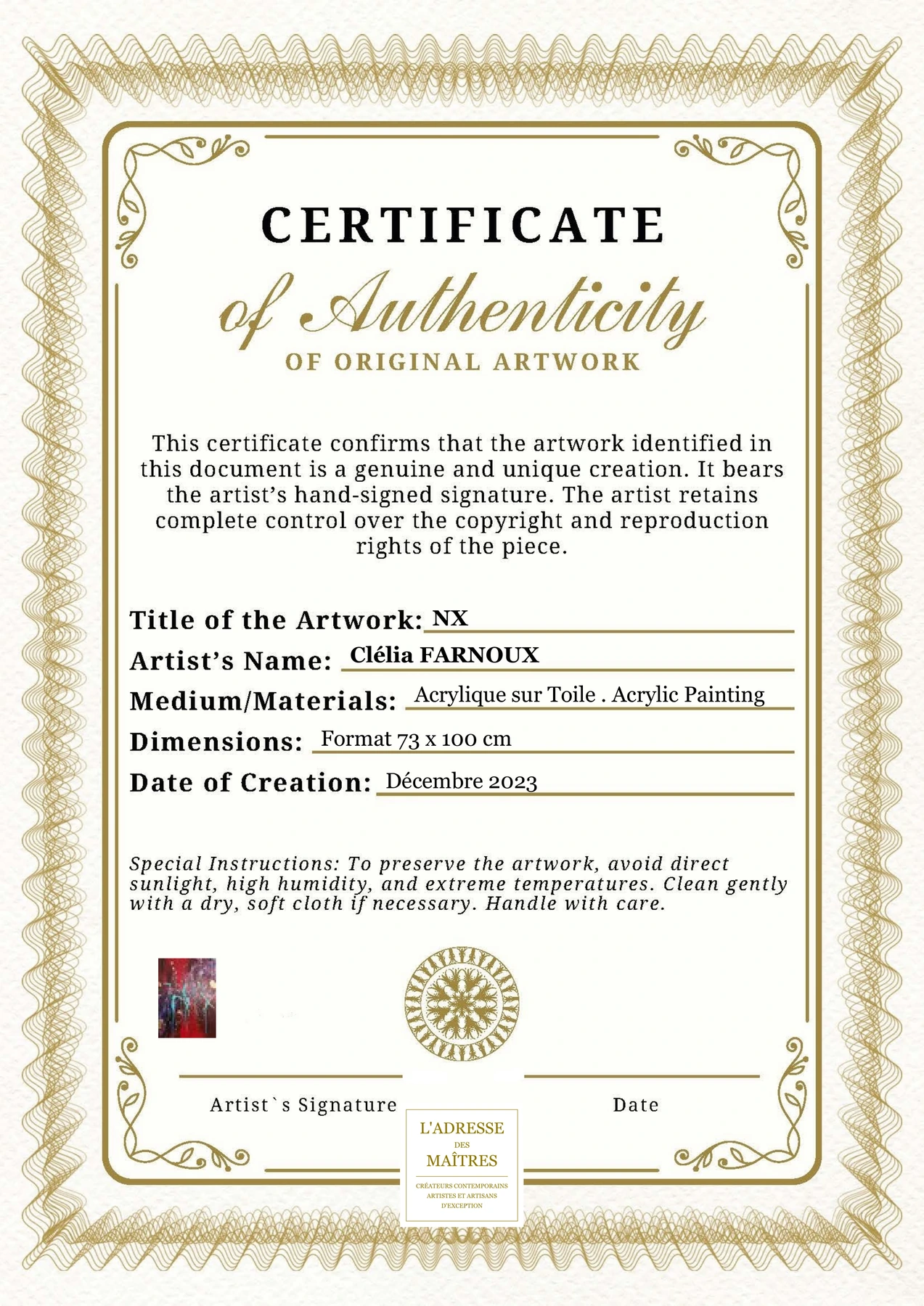 Certificat d'authenticité - NX - Clélia FARNOUX