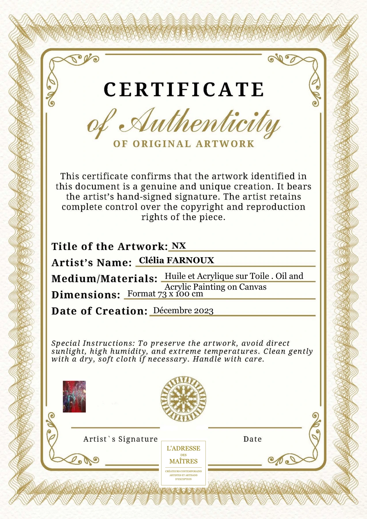 Certificat d'authenticité - NX - Clélia FARNOUX